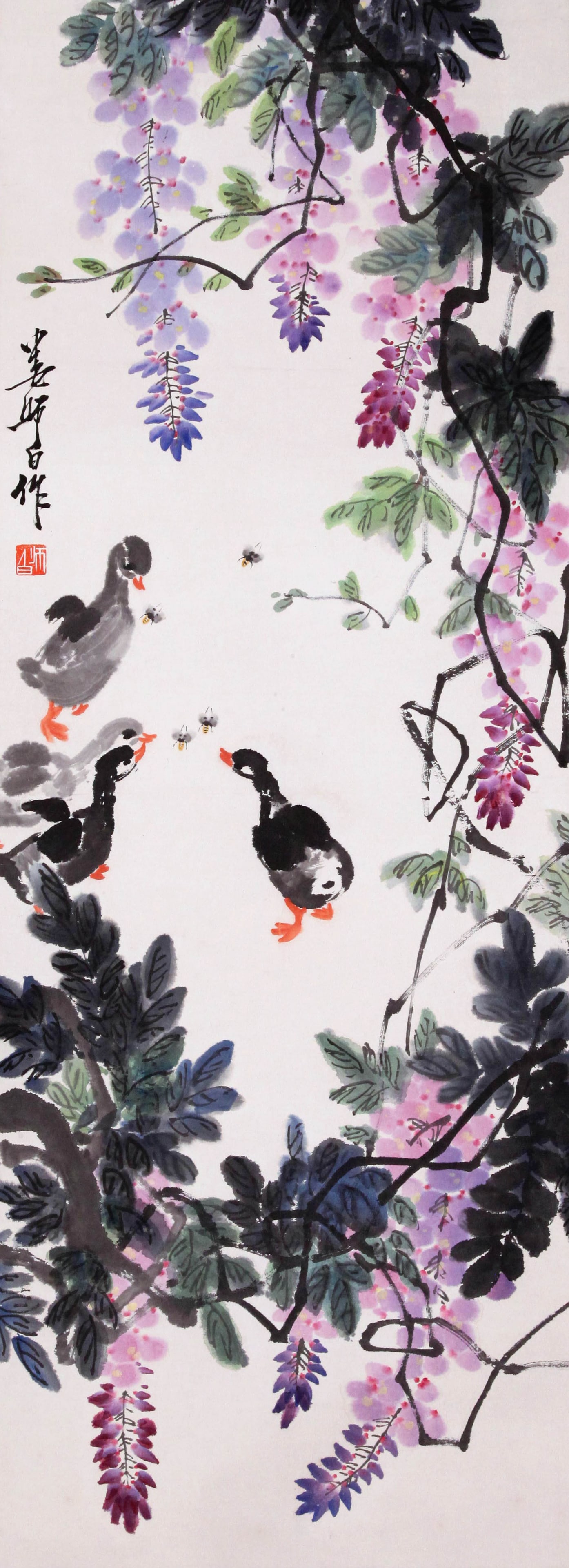 LOU SHIBAI, ATTRIBUTED TO, DUCKS AND WISTERIA, MOUNTED FOR FRAMING (1 of 4)