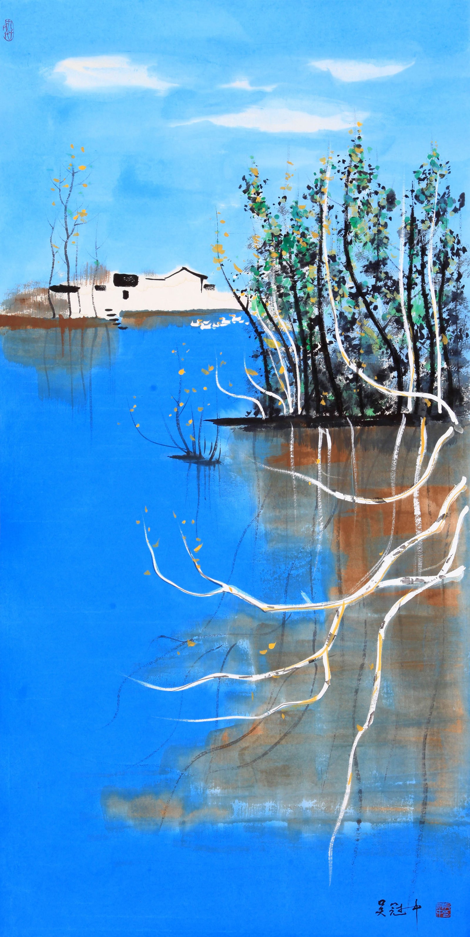 WU GUANZHONG (WU KUAN-CHUNG), ATTRIBUTED TO, WATERSIDE VILLAGE, MOUNTED FOR FRAMING (1 of 6)