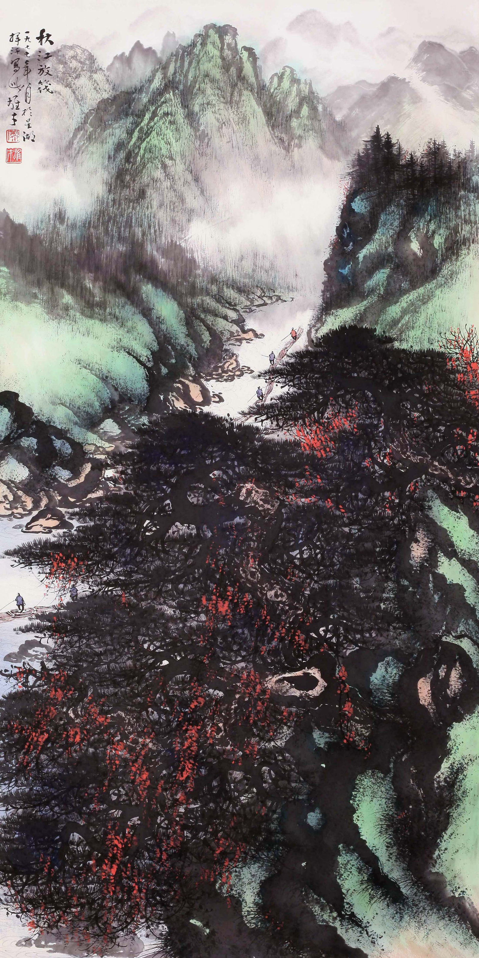 LI XIONGCAI, ATTRIBUTED TO, RAFTING ON AN AUTUMN RIVER, MOUNTED FOR FRAMING: Attributed to Li Xiongcai. Rafting On An Autumn River. Ink and color on paper, mounted for framing. 135 x 68 cm. Condition: Creases, stains to the mounting and painting. Note: With old mounting.