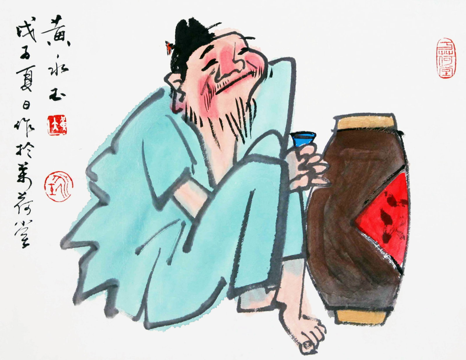 HUANG YONGYU, ATTRIBUTED TO, FIGURE WITH WINE JAR, MOUNTED FOR FRAMING: Attributed to Huang Yongyu. Figure With Wine Jar. Ink and color on paper, mounted for framing. 34 x 43 cm. Condition: Creases, stains to the mounting and painting.