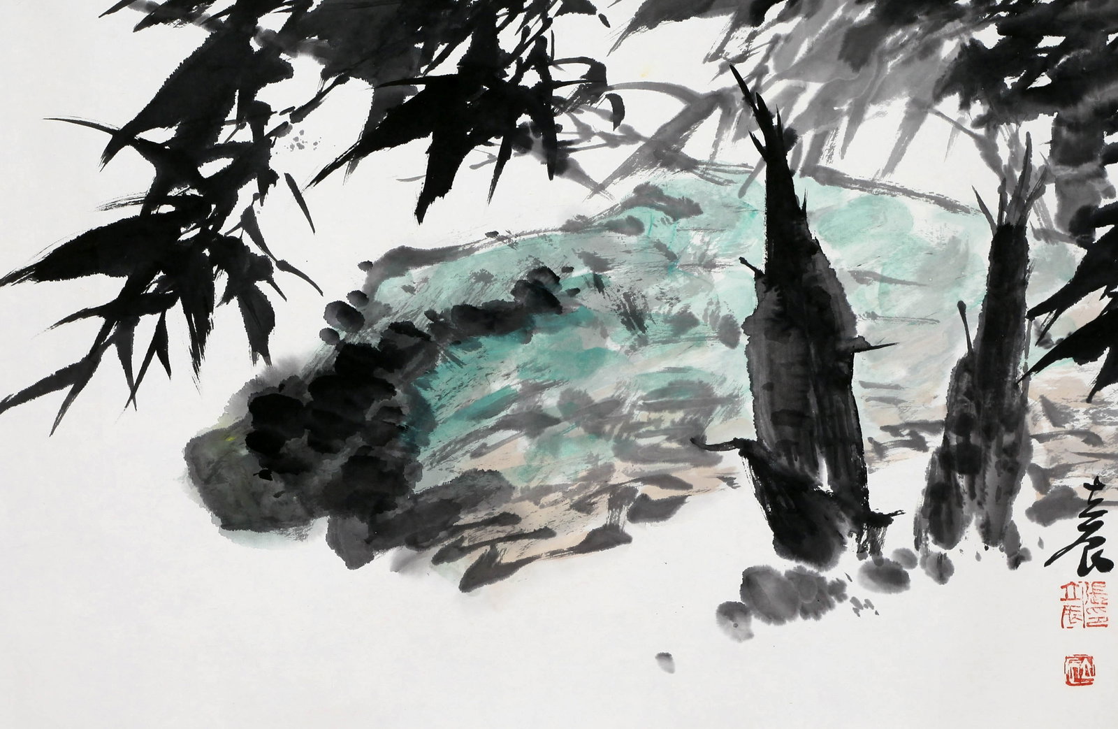 ZHANG LICHEN, ATTRIBUTED TO, NEW BAMBOO, MOUNTED FOR FRAMING: Attributed to Zhang Lichen. New Bamboo. Ink and color on paper, mounted for framing. 44 x 68 cm. Condition: Creases, stains to the mounting and painting.