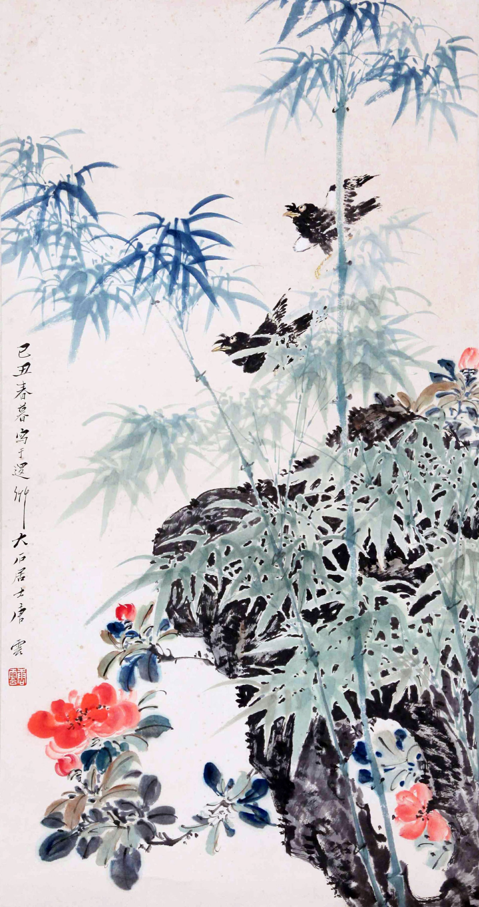 TANG YUN, ATTRIBUTED TO, BIRDS AND FLOWERS, HANGING SCROLL: Attributed to Tang Yun. Birds And Flowers. Ink and color on paper, hanging scroll. 88 x 46 cm. Condition: Creases, stains, foxing to the mounting and painting.