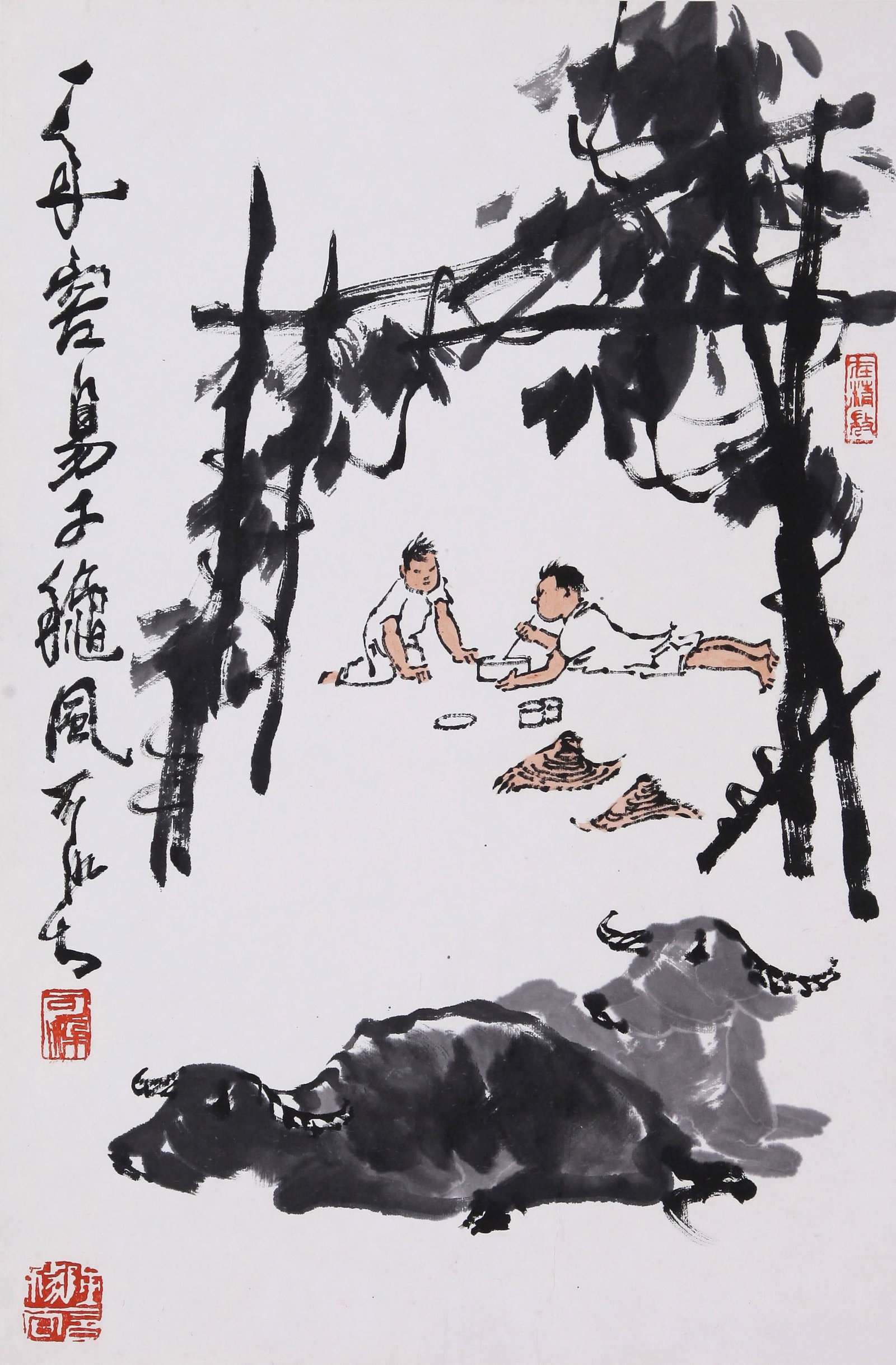 LI KERAN (LI K'O-JAN), ATTRIBUTED TO, BOYS AND BUFFALOES, HANGING SCROLL: Attributed to Li Keran (Li K'o-jan). Boys And Buffaloes. Ink and color on paper, hanging scroll. 50 x 34 cm. Condition: Creases, stains to the mounting and painting.