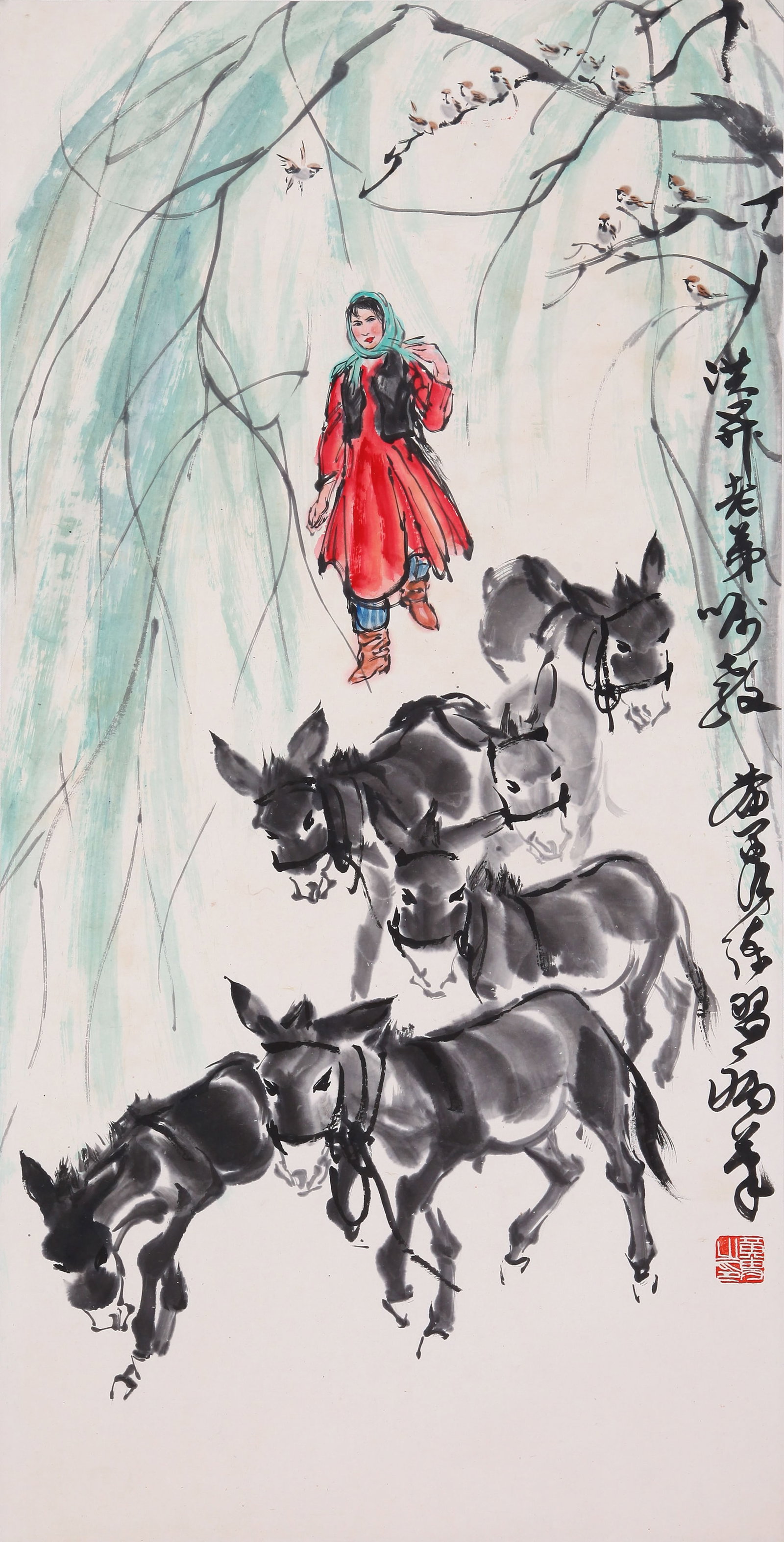 HUANG ZHOU, ATTRIBUTED TO, HERDING DONKEYS, HANGING SCROLL: Attributed to Huang Zhou. Herding Donkeys. Ink and color on paper, hanging scroll. 90 x 45 cm. Condition: Creases, stains to the mounting and painting.