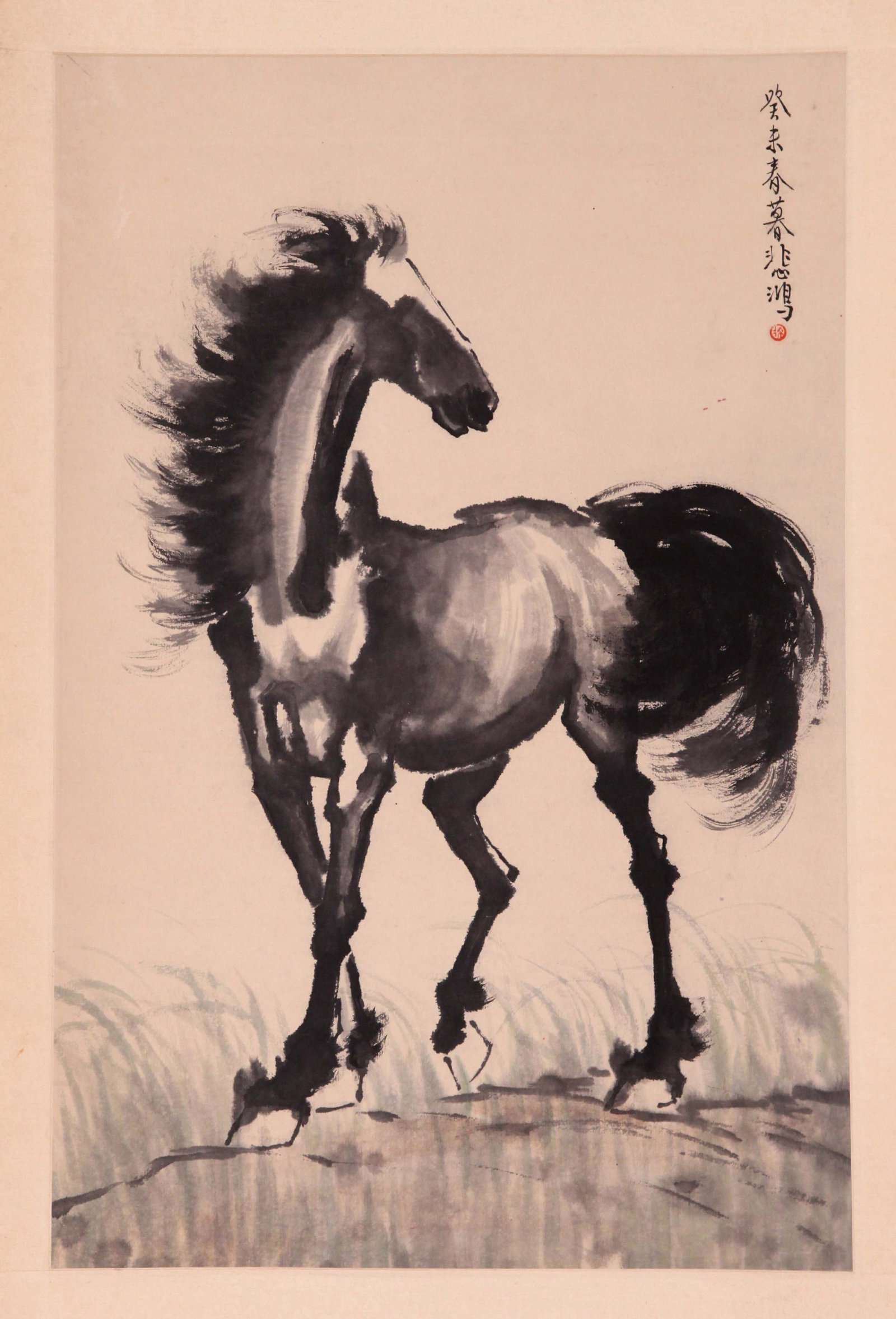 XU BEIHONG (HSU PEI-HUNG), ATTRIBUTED TO, HORSE, HANGING SCROLL: Attributed to Xu Beihong (Hsu Pei-hung). Horse. Ink and color on paper, hanging scroll. 66 x 44 cm. Condition: Creases, stains, foxing, water stains to the mounting and painting; damage to the upper s