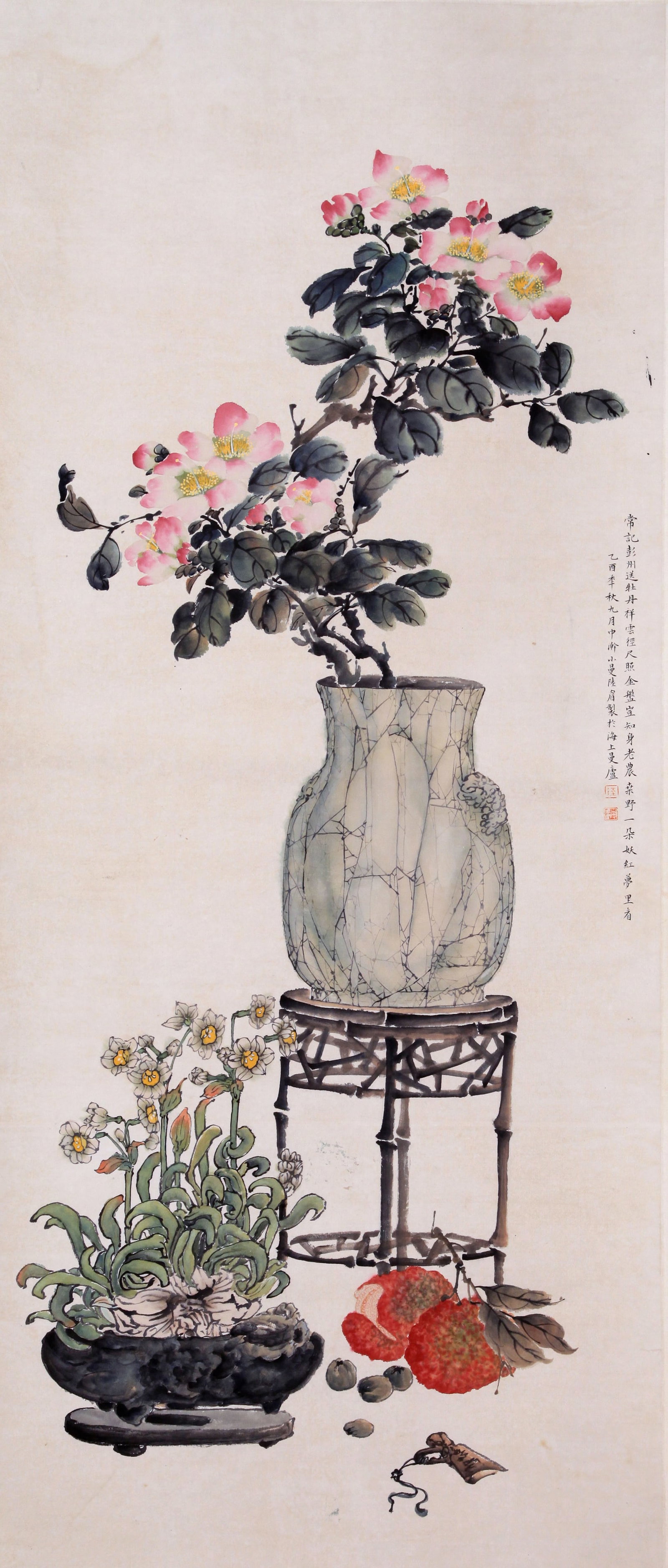 LU XIAOMAN, ATTRIBUTED TO, SCHOLAR'S OBJECTS, HANGING SCROLL: Attributed to Lu Xiaoman. Scholar's Objects. Ink and color on paper, hanging scroll. 130 x 56 cm. Condition: Creases, stains to the mounting and painting.