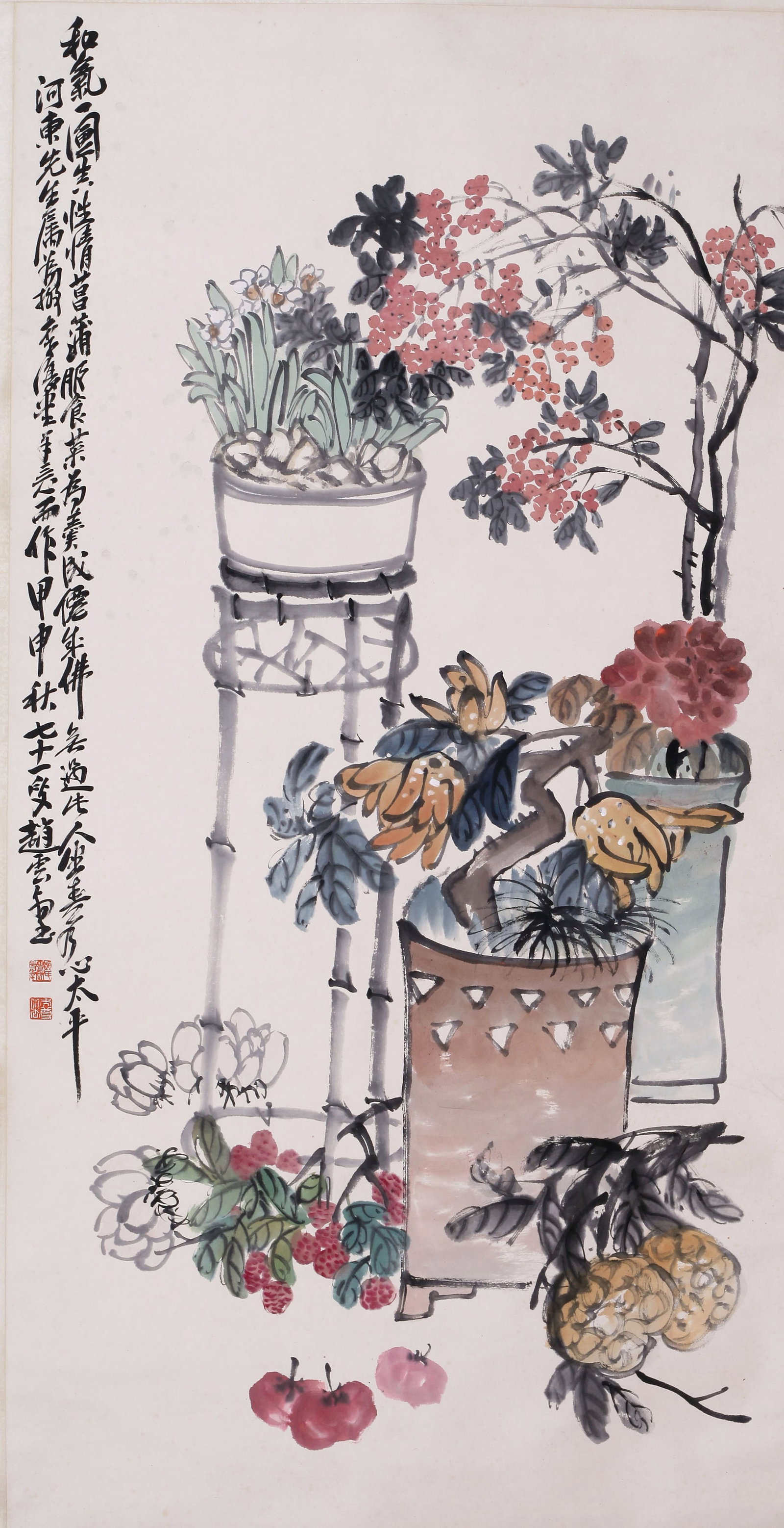 ZHAO YUNHE, ATTRIBUTED TO, FLOWERS AND FRUIT, HANGING SCROLL (1 of 5)
