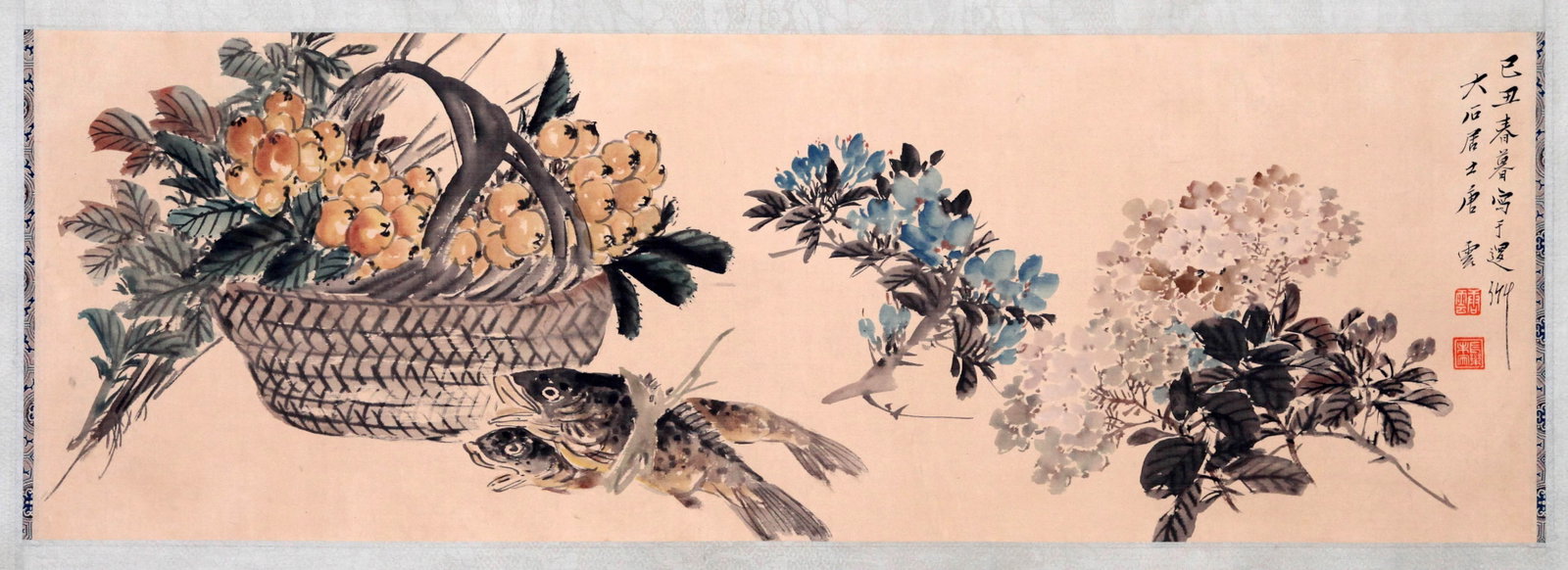 TANG YUN, ATTRIBUTED TO, LOQUATS, FISH AND FLOWERS, MOUNTED FOR FRAMING (1 of 5)