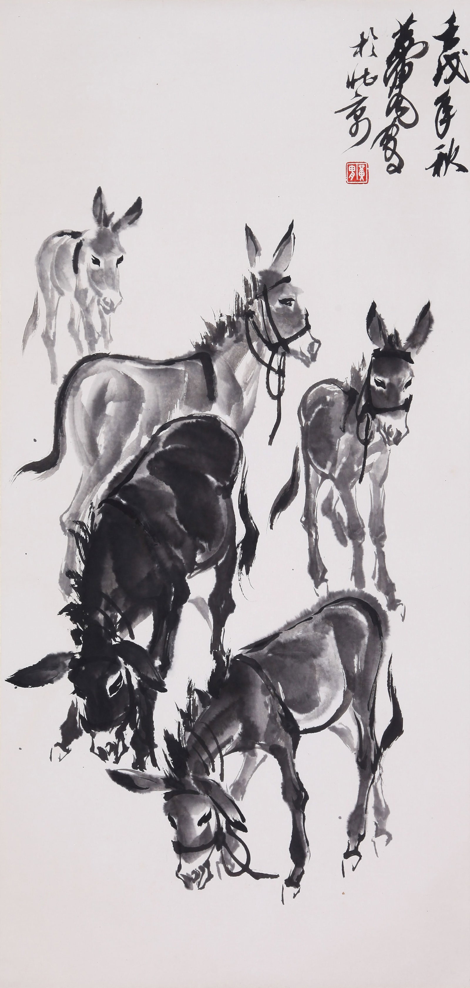 HUANG ZHOU, ATTRIBUTED TO, FIVE DONKEYS, HANGING SCROLL: Attributed to Huang Zhou. Five Donkeys. Ink and color on paper, hanging scroll. 97 x 46 cm. Condition: Creases, stains to the mounting and painting.