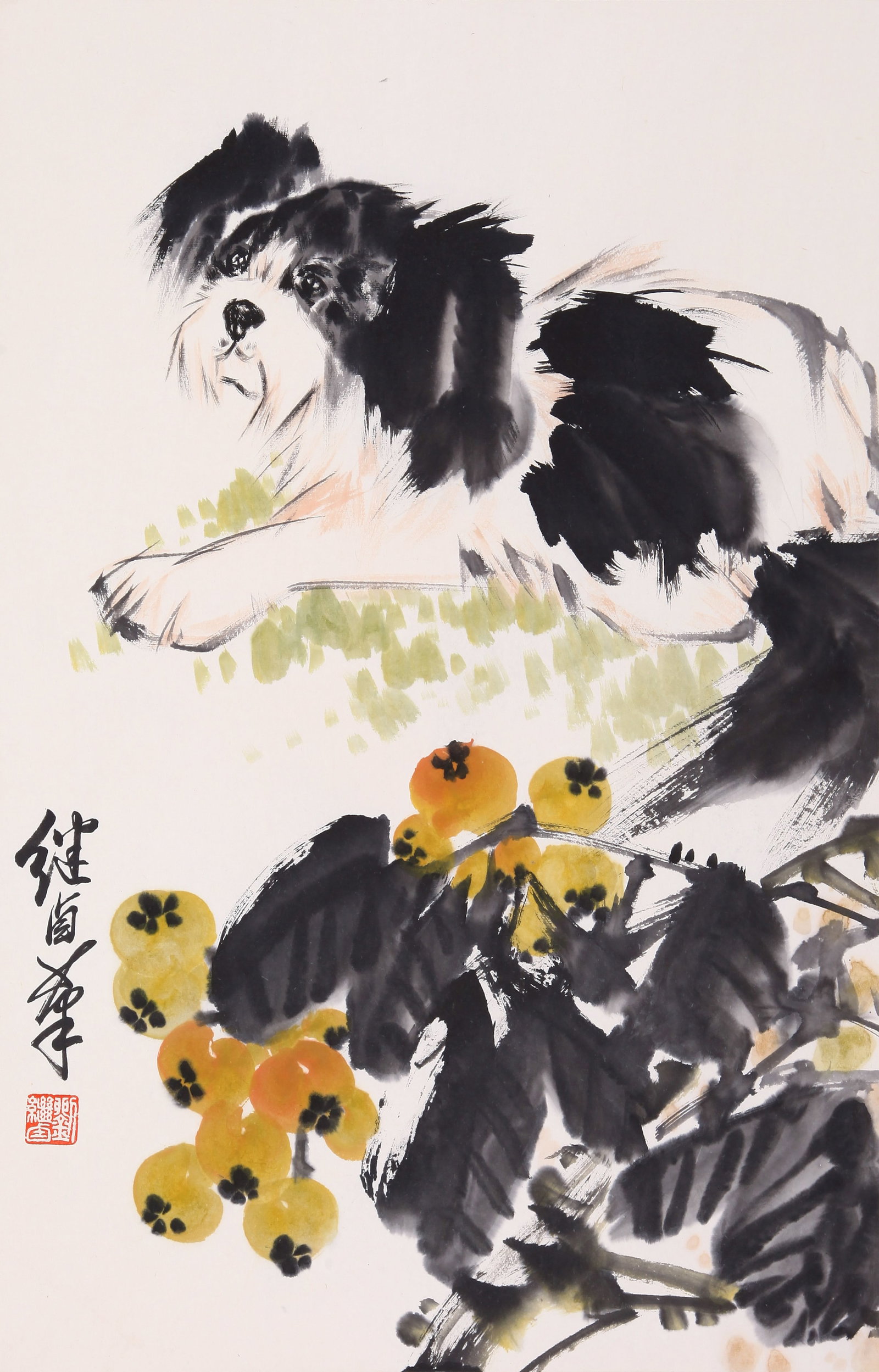 LIU JIYOU, ATTRIBUTED TO, DOG, HANGING SCROLL: Attributed to Liu Jiyou. Dog. Ink and color on paper, hanging scroll. 67.5 x 43 cm. Condition: Creases, stains to the mounting and painting.