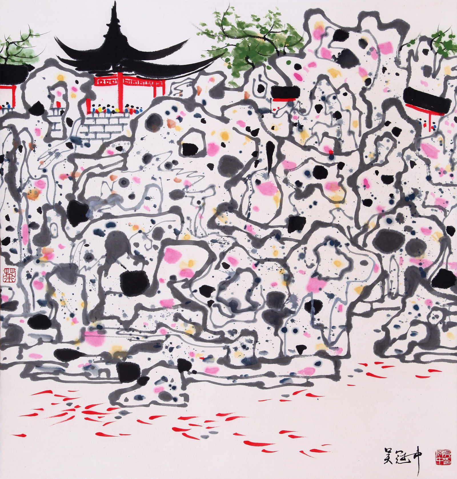 WU GUANZHONG (WU KUAN-CHUNG), ATTRIBUTED TO, PARK SCENE, HANGING SCROLL: Attributed to Wu Guanzhong (Wu Kuan-chung). Park Scene. Ink and color on paper, hanging scroll. 68 x 66 cm. Condition: Creases, foxing to the mounting and painting.