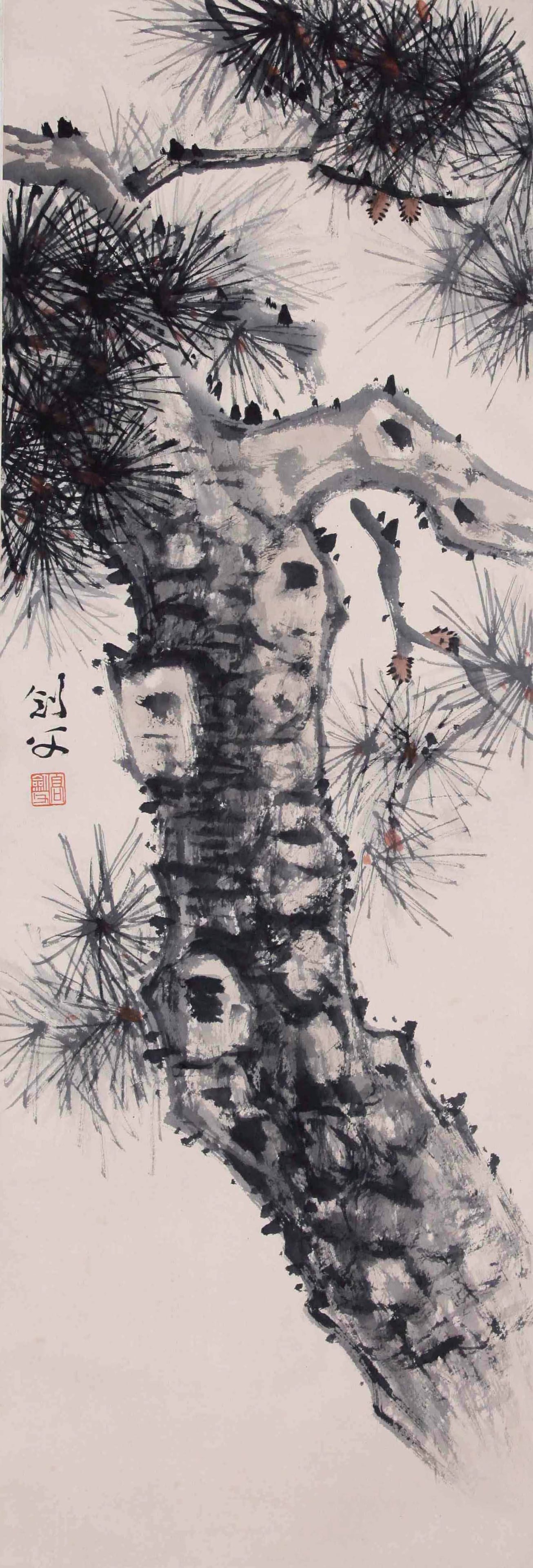GAO JIANFU, ATTRIBUTED TO, OLD PINE, MOUNTED FOR FRAMING: Attributed to Gao Jianfu. Old Pine. Ink and color on paper, mounted for framing. 91 x 31 cm. Condition: Creases, stains, foxing to the mounting and painting.