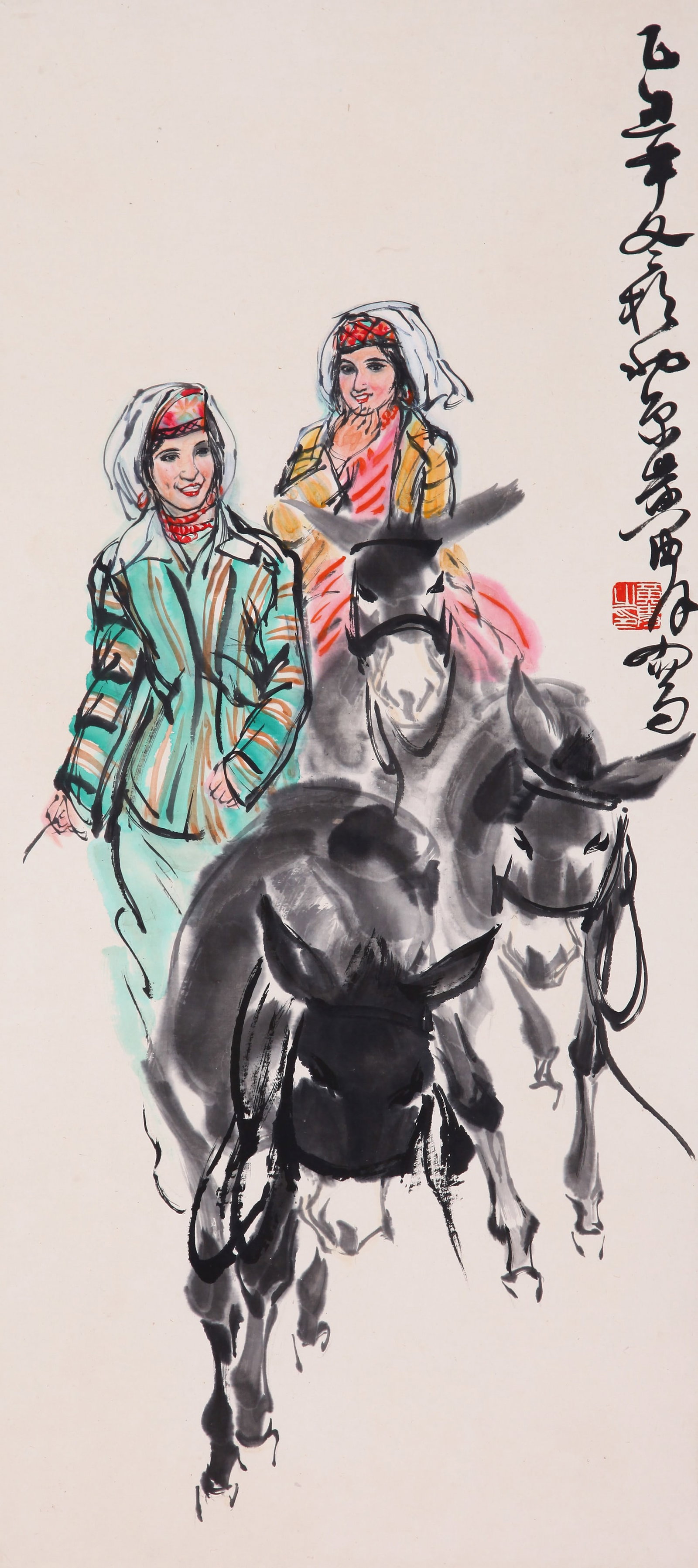 HUANG ZHOU, ATTRIBUTED TO, HERDING DONKEYS, HANGING SCROLL: Attributed to Huang Zhou. Herding Donkeys. Ink and color on paper, hanging scroll. 89 x 40 cm. Condition: Creases, stains to the mounting and painting.