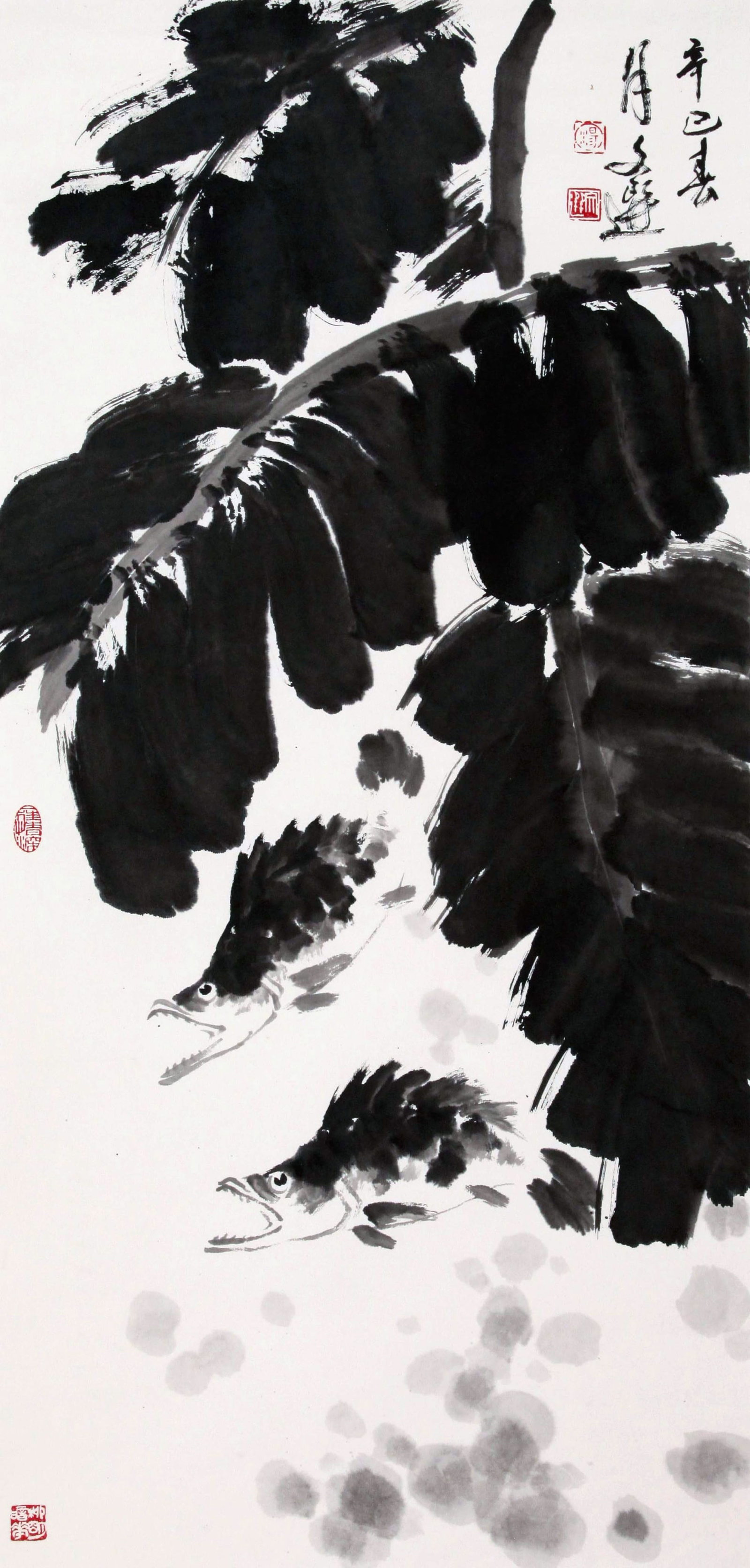 TANG WENXUAN, ATTRIBUTED TO, MANDARIN FISH AND BANANA LEAVES, MOUNTED FOR FRAMING (1 of 4)