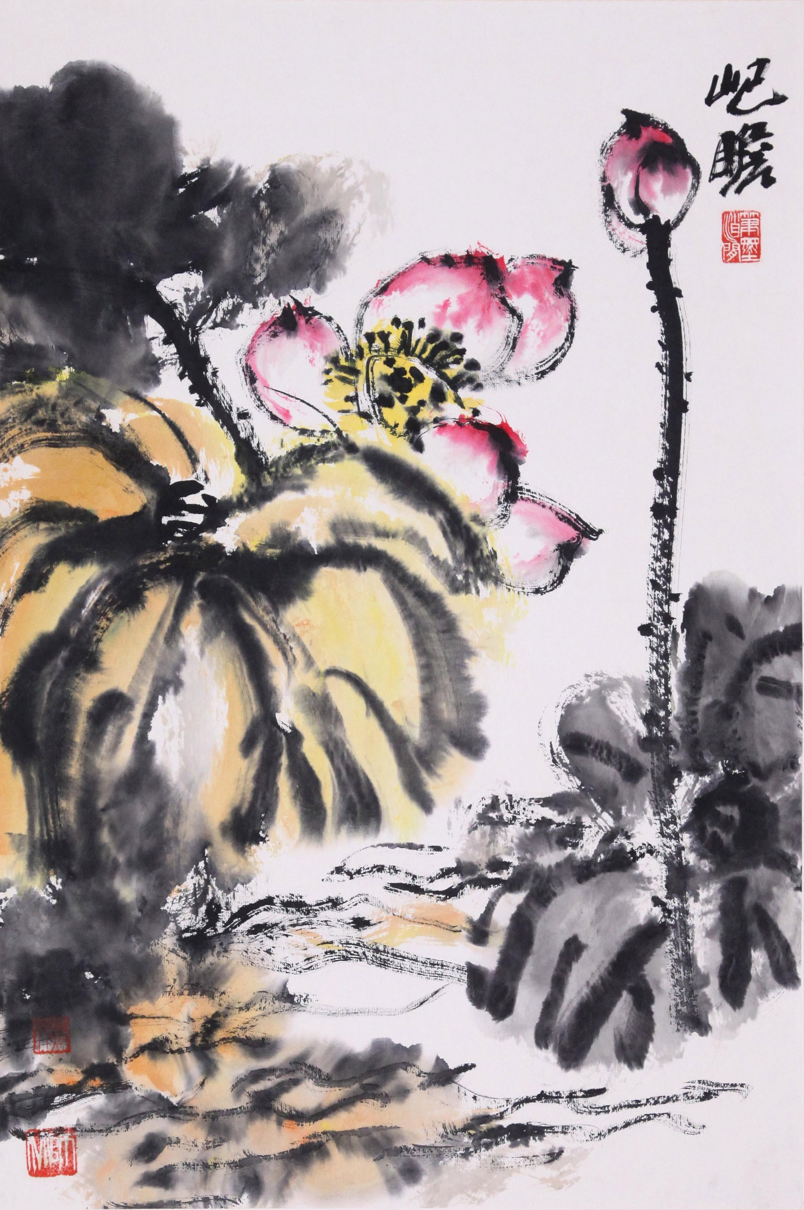 ZHU QIZHAN, ATTRIBUTED TO, LOTUS, MOUNTED FOR FRAMING: Attributed to Zhu Qizhan. Lotus. Ink and color on paper, mounted for framing. 68 x 44 cm. Condition: Creases to the mounting and painting.