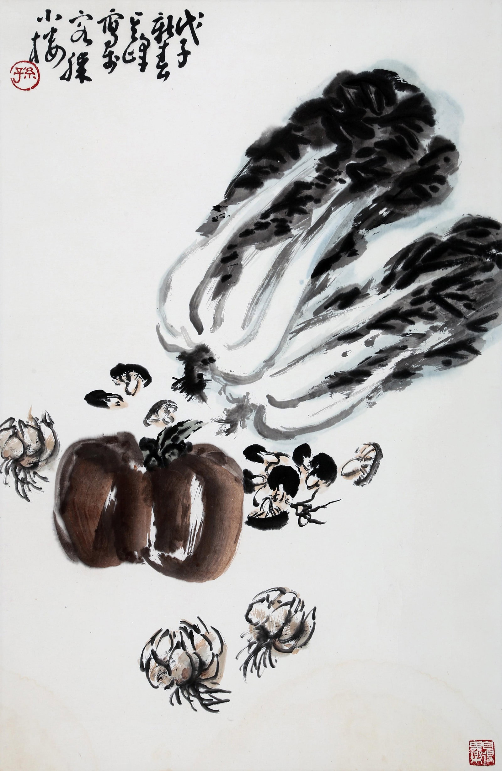 SUN QIFENG, ATTRIBUTED TO, AUTUMN VEGETABLES, MOUNTED FOR FRAMING: Attributed to Sun Qifeng. Autumn Vegetables. Ink and color on paper, mounted for framing. 67 x 44 cm. Condition: Creases to the mounting and painting.
