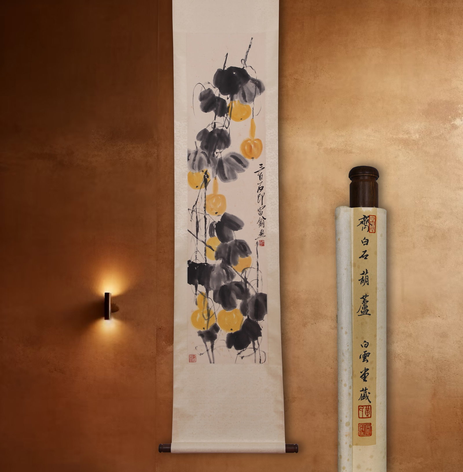 QI BAISHI (CHI PAI-SHIH), ATTRIBUTED TO, GOURDS, HANGING SCROLL: Attributed to Qi Baishi (Chi Pai-shih), gourds. On paper, hanging scroll. 134 x 32.5 cm. Condition: Creases, stains and foxing to the mounting and painting. Note: By repute, from the collection of Hua