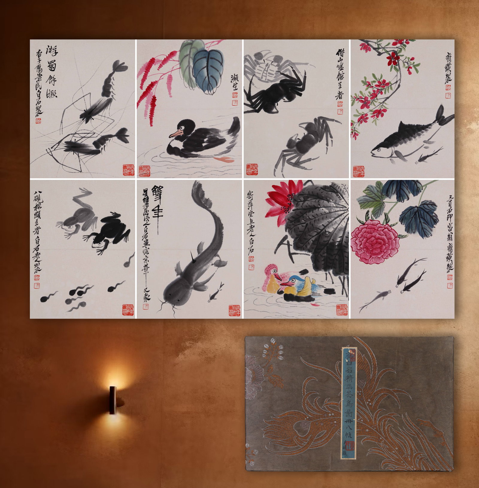QI BAISHI (CHI PAI-SHIH), ATTRIBUTED TO, BIRDS AND FLOWERS, ALBUM OF EIGHT LEAVES: Attributed to Qi Baishi (Chi Pai-shih), an album of eight leaves depicting birds and flowers. On paper. 38 x 29 cm (8). Condition: Creases and stains to the mounting and paintings. Note: By repute, fr