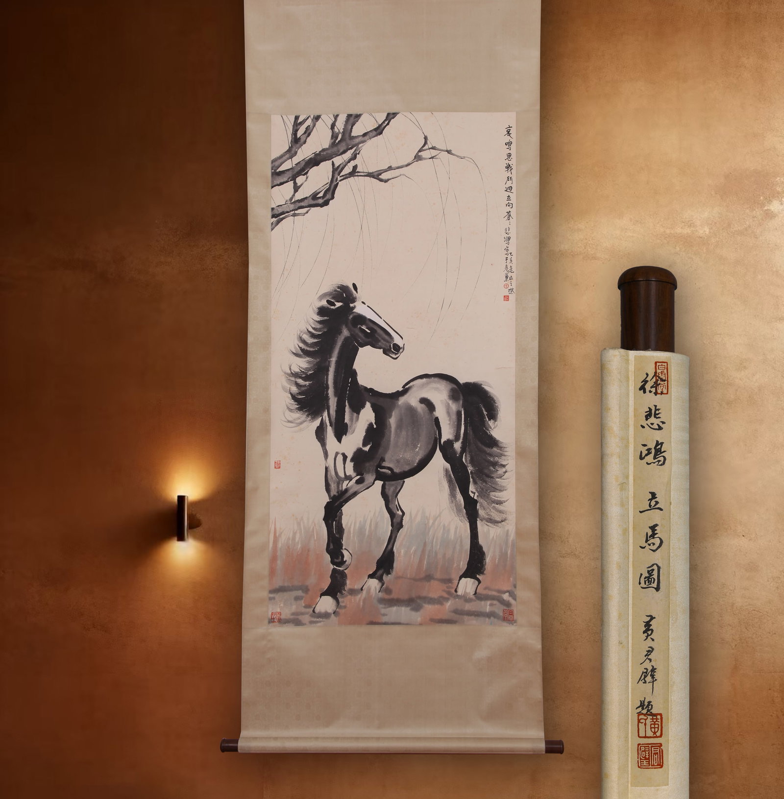 XU BEIHONG (HSU PEI-HUNG), ATTRIBUTED TO, HORSE, HANGING SCROLL: Attributed to Xu Beihong (Hsu Pei-hung), horse. On paper, hanging scroll. 138 x 68 cm. Condition: Creases, stains and foxing to the mounting and painting. Note: By repute, from the collection of Huang