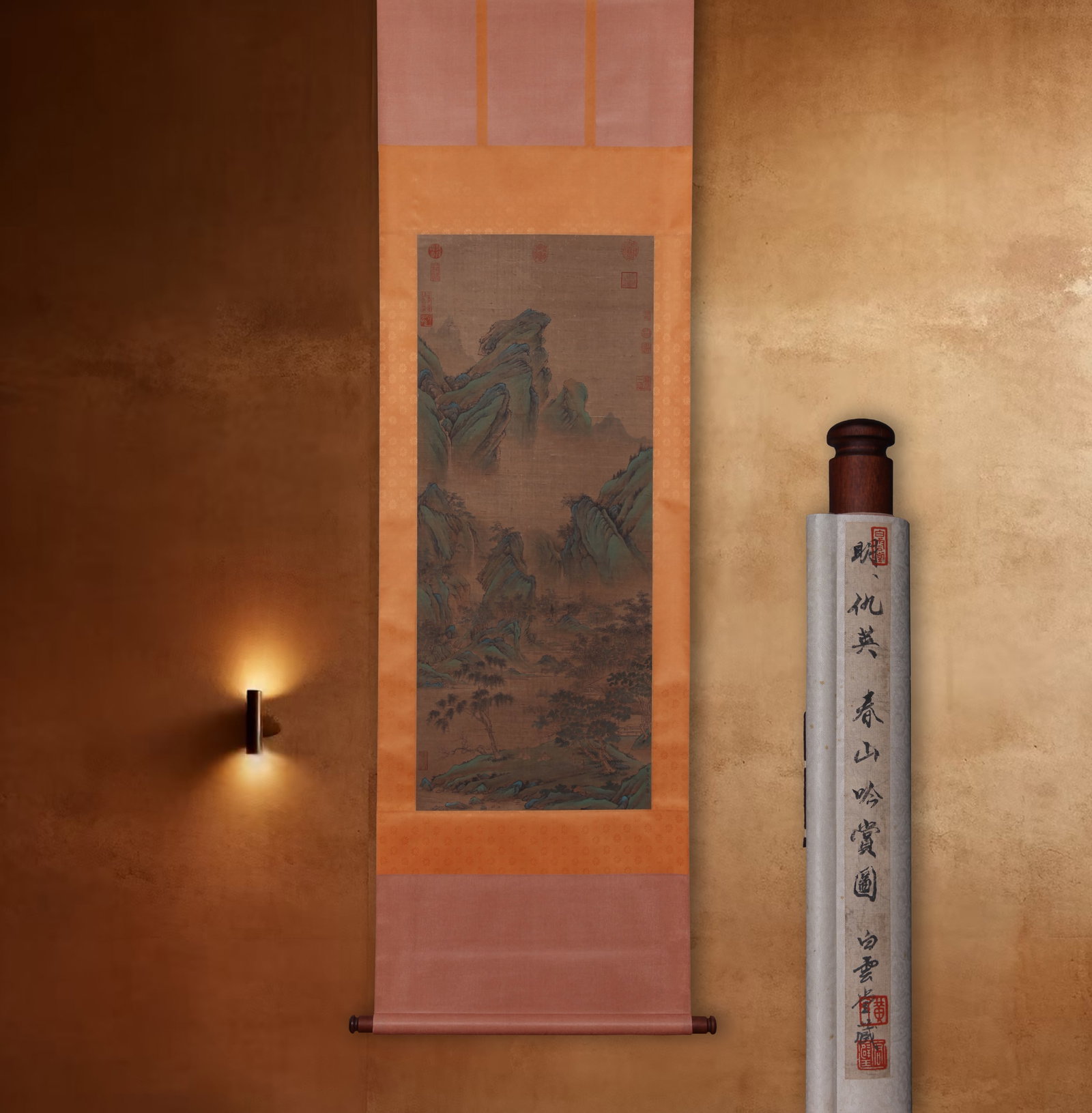QIU YING, ATTRIBUTED TO, ENJOYING SPRING IN THE MOUNTAINS, HANGING SCROLL