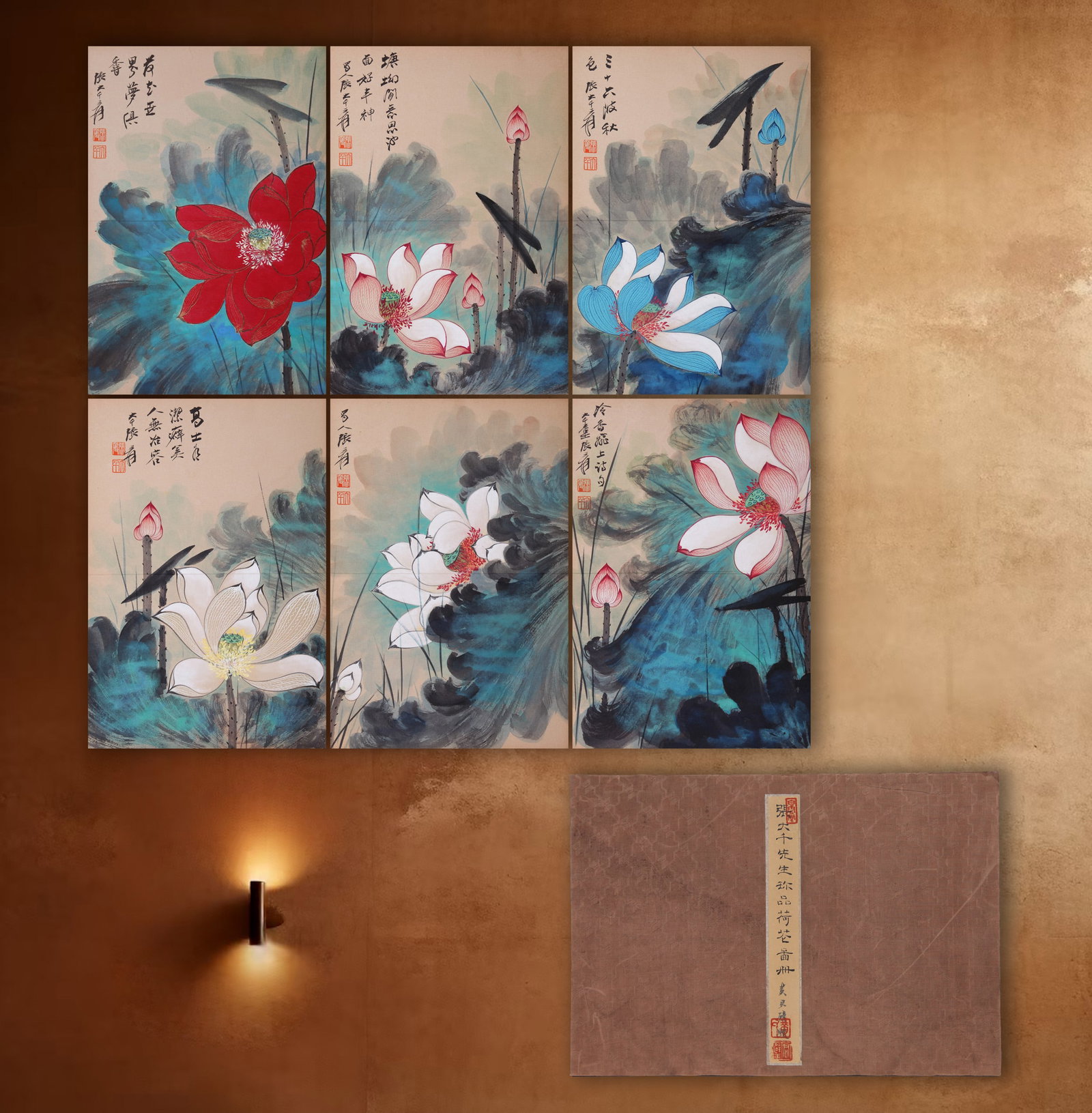 ZHANG DAQIAN (CHANG DAI-CHIEN), ATTRIBUTED TO, SPLASHED-COLOR LOTUS, ALBUM OF SIX LEAVES