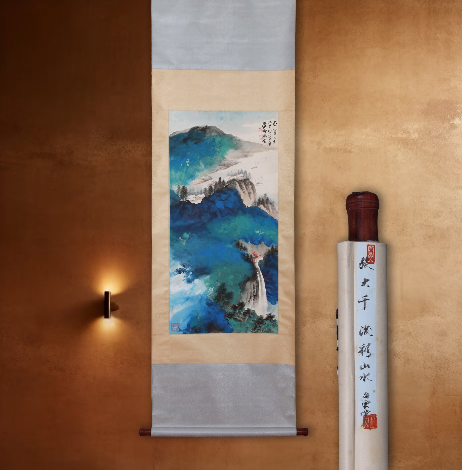 ZHANG DAQIAN (CHANG DAI-CHIEN), ATTRIBUTED TO, SPLASHED-COLOR LANDSCAPE, HANGING SCROLL: Attributed to Zhang Daqian (Chang Dai-chien), splashed-color landscape. On paper, hanging scroll. 90 x 44 cm. Condition: Creases, stains and foxing to the mounting and painting. Note: By repute, from 