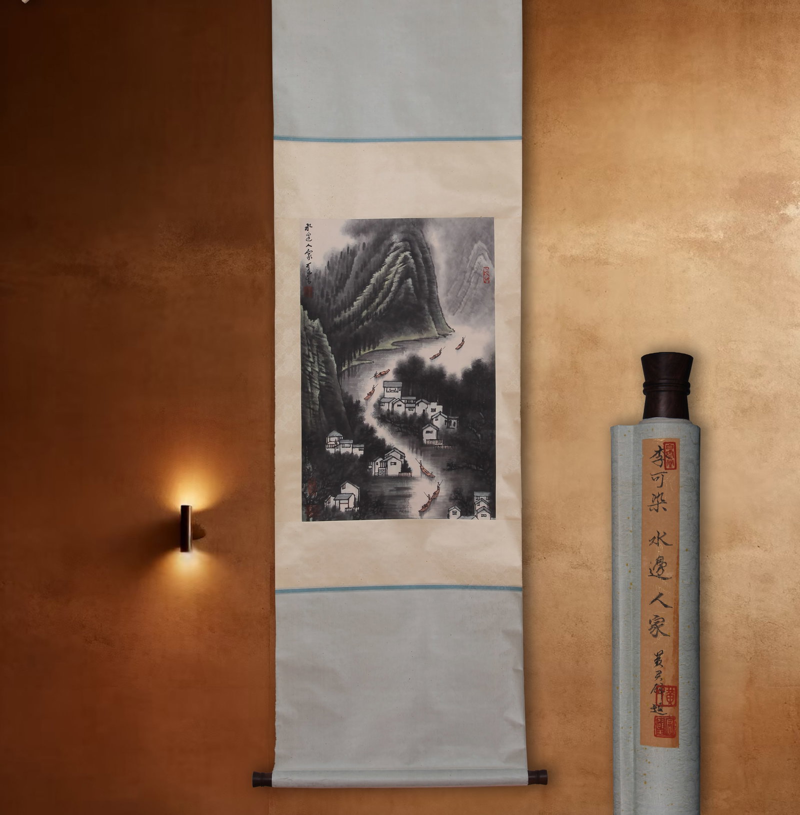 LI KERAN (LI K'O-JAN), ATTRIBUTED TO, DWELLINGS BY THE WATER, HANGING SCROLL: Attributed to Li Keran (Li K'o-jan), dwellings by the water. On paper, hanging scroll. 68.5 x 44.5 cm. Condition: Creases, stains and foxing to the mounting and painting. Note: By repute, from the col