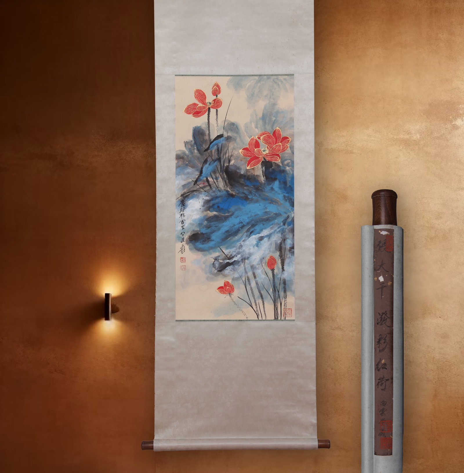 ZHANG DAQIAN (CHANG DAI-CHIEN), ATTRIBUTED TO, SPLASHED-COLOR RED LOTUS, HANGING SCROLL