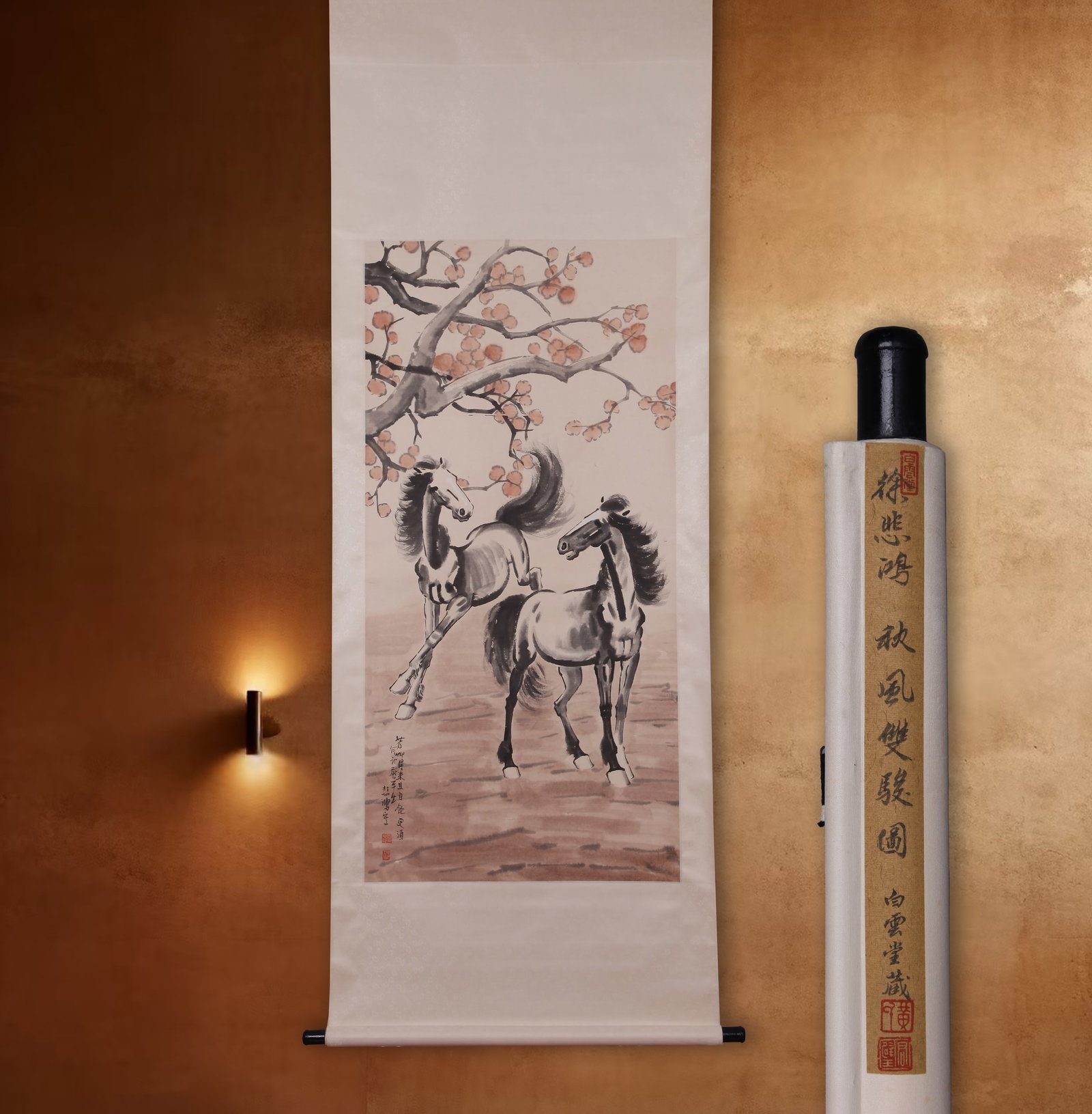 XU BEIHONG (HSU PEI-HUNG), ATTRIBUTED TO, TWO HORSES IN AUTUMN WIND, HANGING SCROLL: Attributed to Xu Beihong (Hsu Pei-hung), two horses in autumn wind. On paper, hanging scroll. 139 x 68 cm. Condition: Creases, stains and foxing to the mounting and painting. Note: By repute, from the