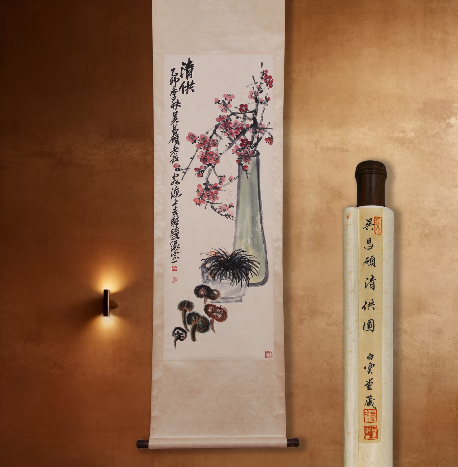 WU CHANGSHUO, ATTRIBUTED TO, SCHOLAR'S OBJECTS, HANGING SCROLL: Attributed to Wu Changshuo, scholar's objects. On paper, hanging scroll. 126 x 46.5 cm. Condition: Creases, stains and foxing to the mounting and painting. Note: By repute, from the collection of Huan