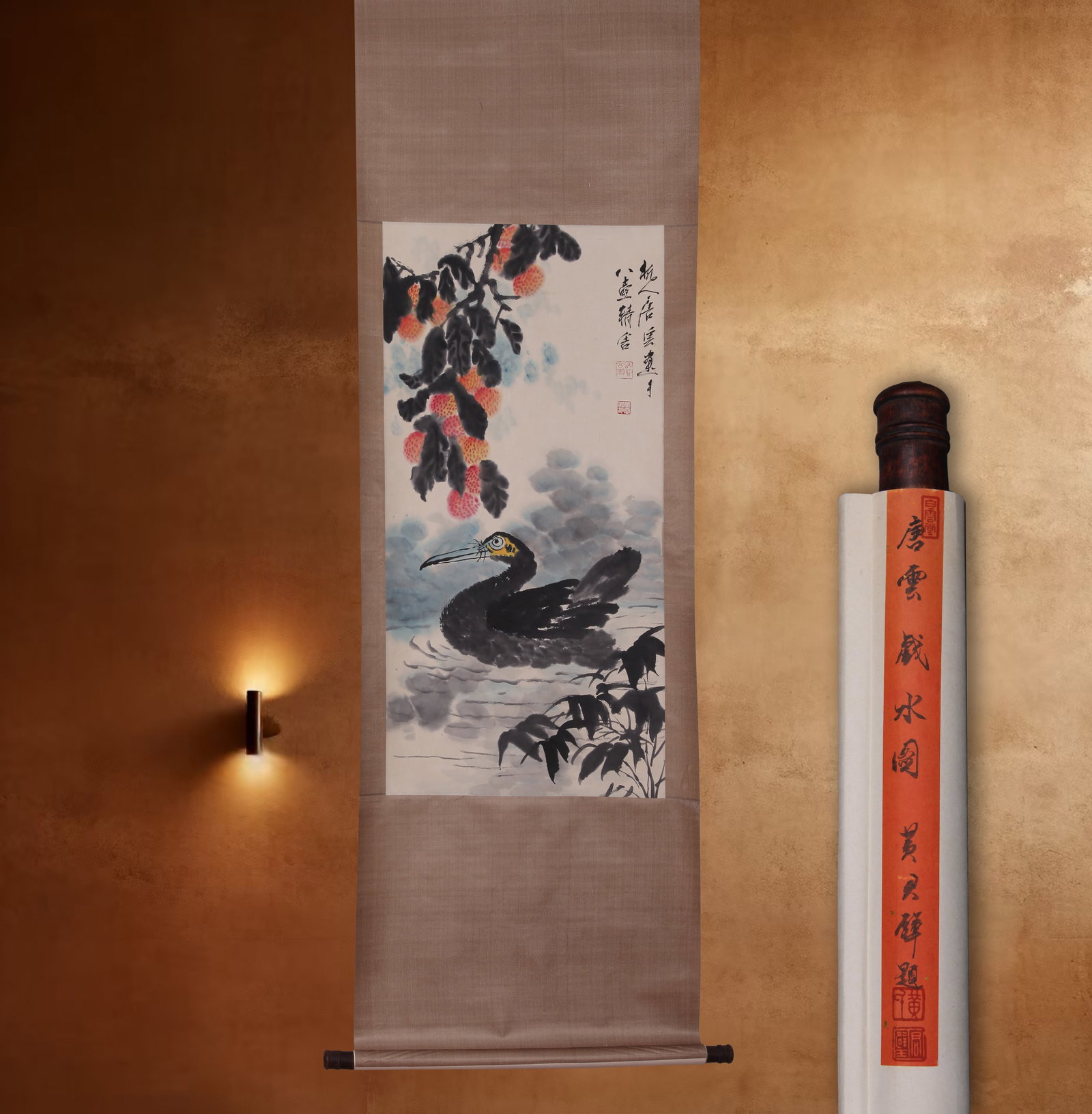 TANG YUN, ATTRIBUTED TO, CORMORANT ON WATER, HANGING SCROLL: Attributed to Tang Yun, cormorant on water. On paper, hanging scroll. 98 x 48 cm. Condition: Creases and stains to the mounting and painting. Note: By repute, from the collection of Huang Junbi.