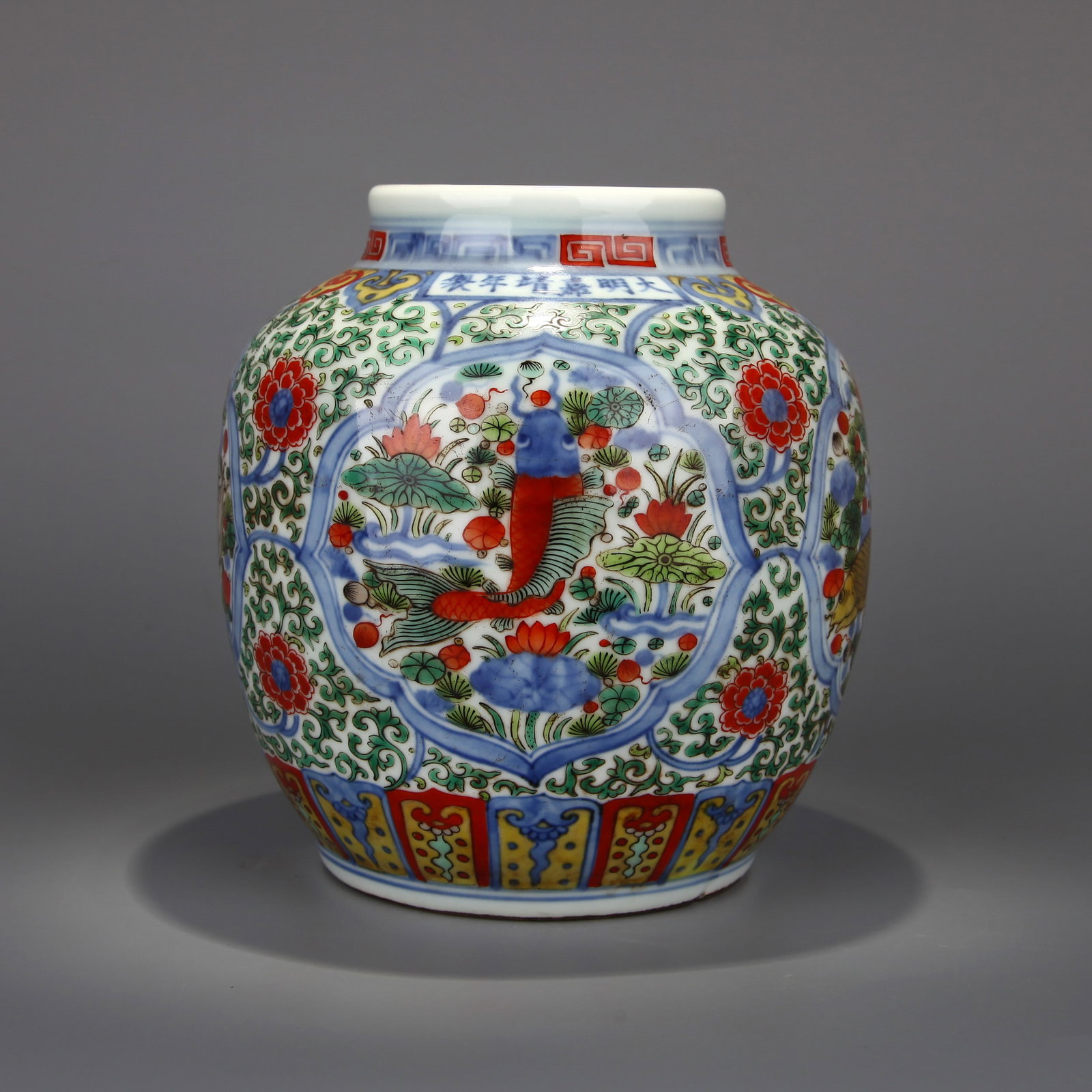A WUCAI 'FISH AND AQUATIC PLANTS' JAR