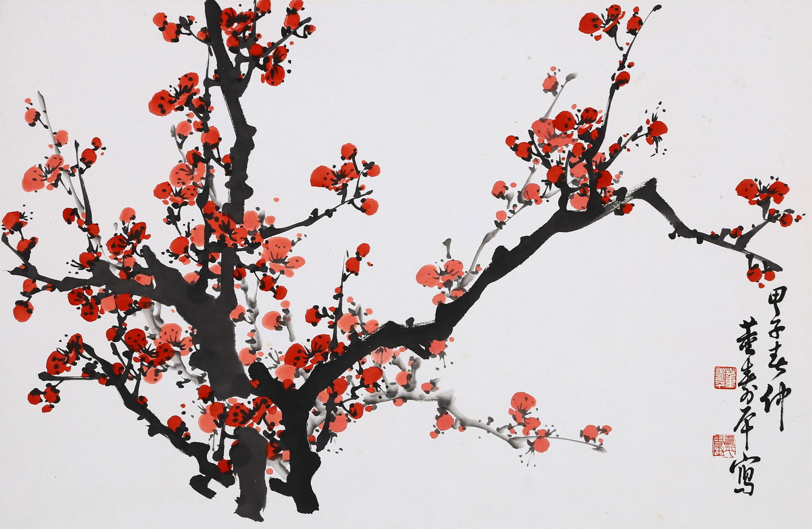 DONG SHOUPING, ATTRIBUTED TO, RED PLUM BLOSSOM, MOUNTED FOR FRAMING