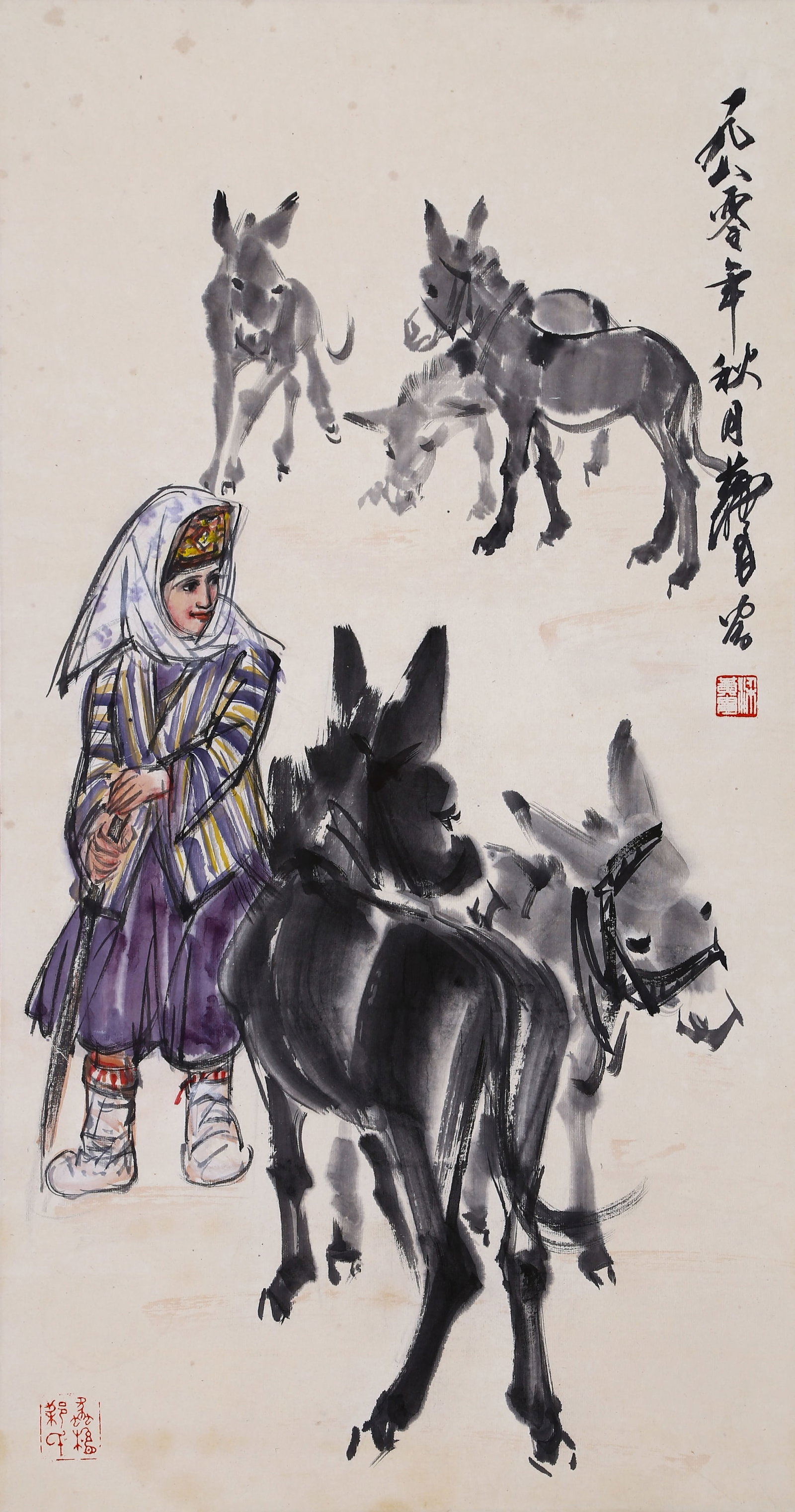HUANG ZHOU, ATTRIBUTED TO, HERDING DONKEYS, HANGING SCROLL: Attributed to Huang Zhou, herding donkeys. On paper, hanging scroll. 87 x 46 cm.