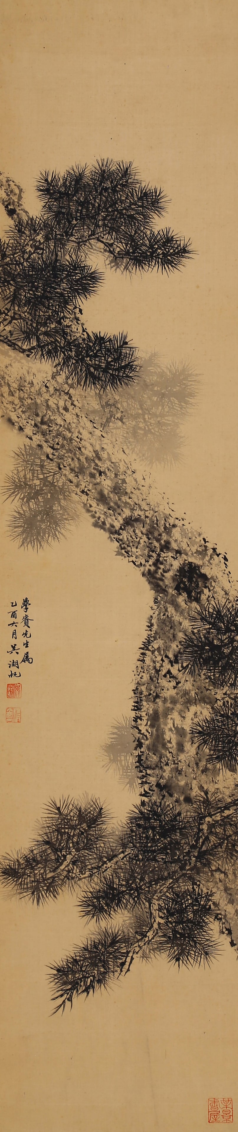 WU HUFAN, ATTRIBUTED TO, PINES AND CYPRESSES, HANGING SCROLL: Attributed to Wu Hufan, pines and cypresses. On silk, hanging scroll. 112 x 24 cm.