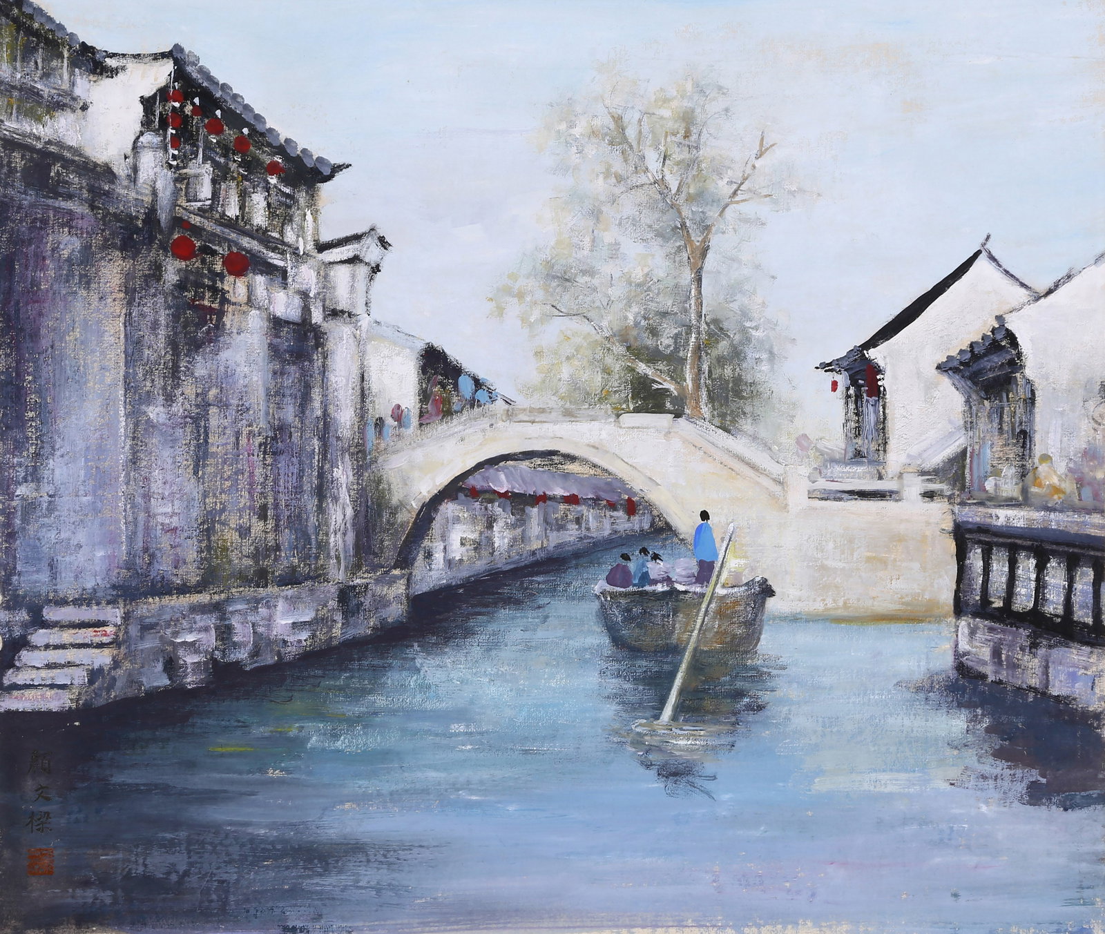 YAN WENLIANG, ATTRIBUTED TO, JIANGNAN WATER TOWN, MOUNTED FOR FRAMING: Attributed to Yan Wenliang, Jiangnan water town. On paper, mounted for framing. 38 x 45 cm.