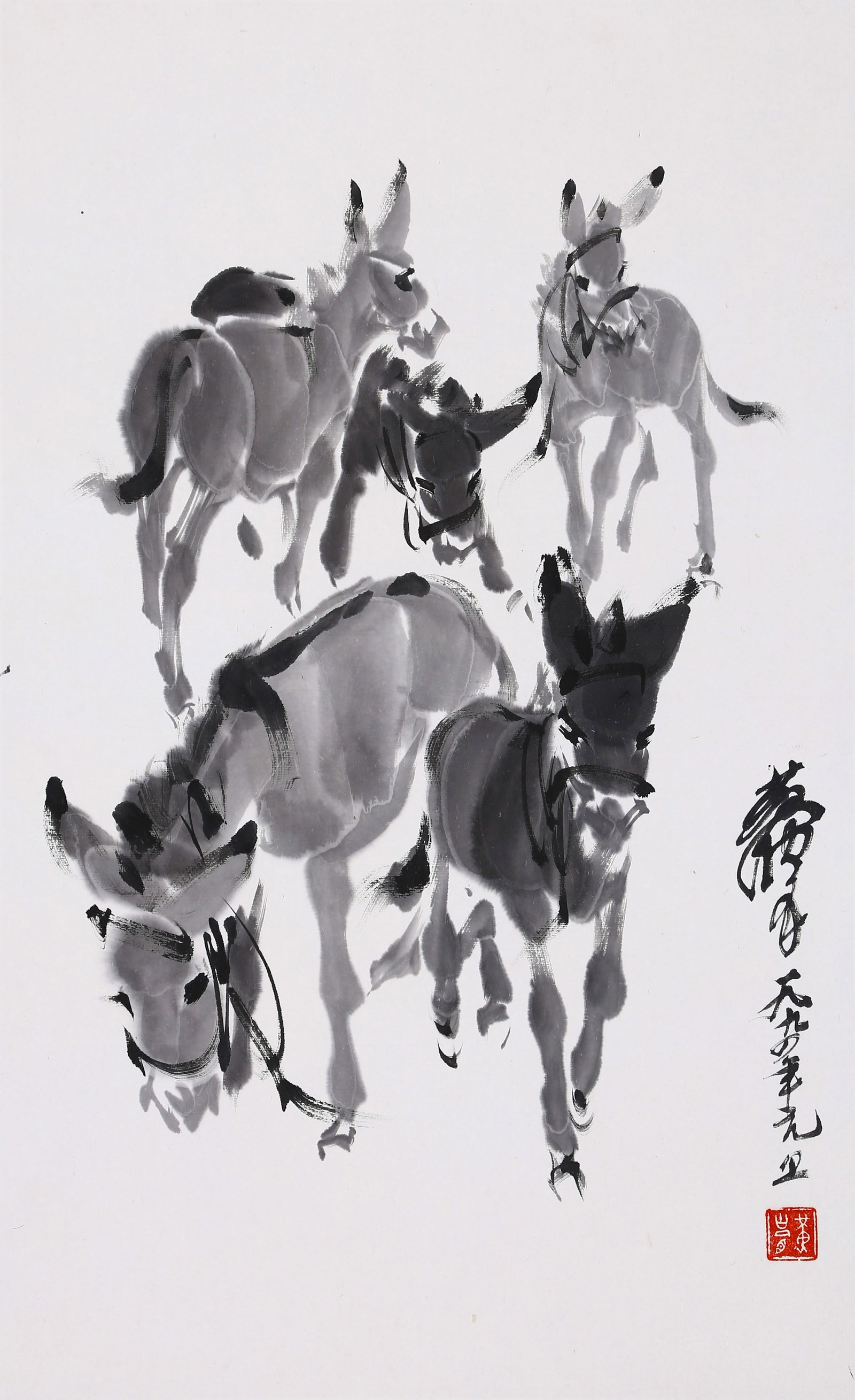 HUANG ZHOU, ATTRIBUTED TO, FIVE DONKEYS, MOUNTED FOR FRAMING: Attributed to Huang Zhou, five donkeys. On paper, mounted for framing. 67 x 42.5 cm.