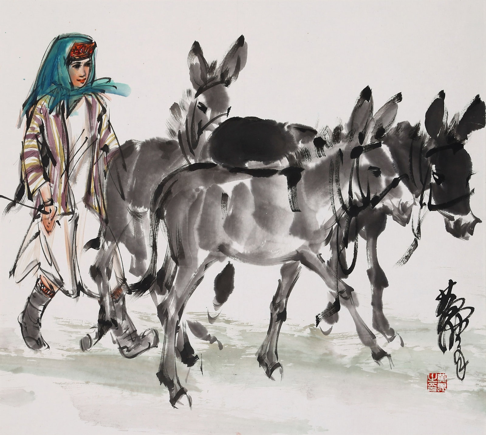 HUANG ZHOU, ATTRIBUTED TO, DRIVING DONKEYS, MOUNTED FOR FRAMING: Attributed to Huang Zhou, driving donkeys. On paper, mounted for framing. 44 x 48.5 cm.