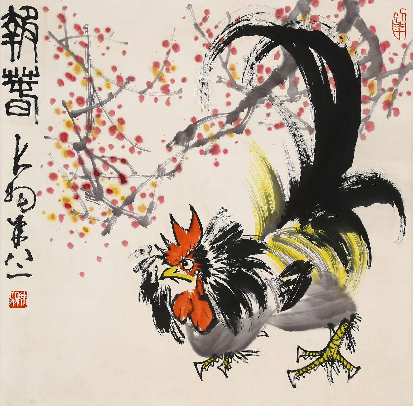 CHEN DAYU, ATTRIBUTED TO, ROOSTER AND PLUM BLOSSOM, HANGING SCROLL: Attributed to Chen Dayu, rooster and plum blossom. On paper, hanging scroll. 68 x 69 cm.
