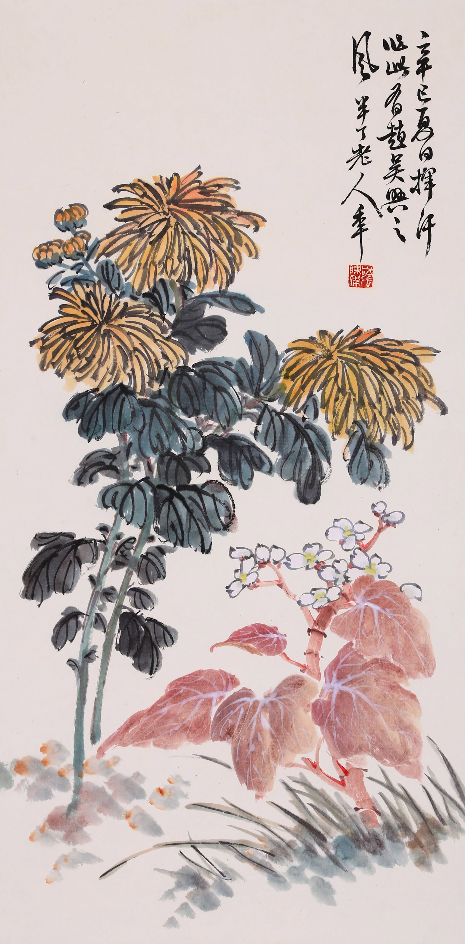 CHEN BANDING, ATTRIBUTED TO, FLOWERS, MOUNTED FOR FRAMING: Attributed to Chen Banding, flowers. On paper, mounted for framing. 69 x 34 cm.