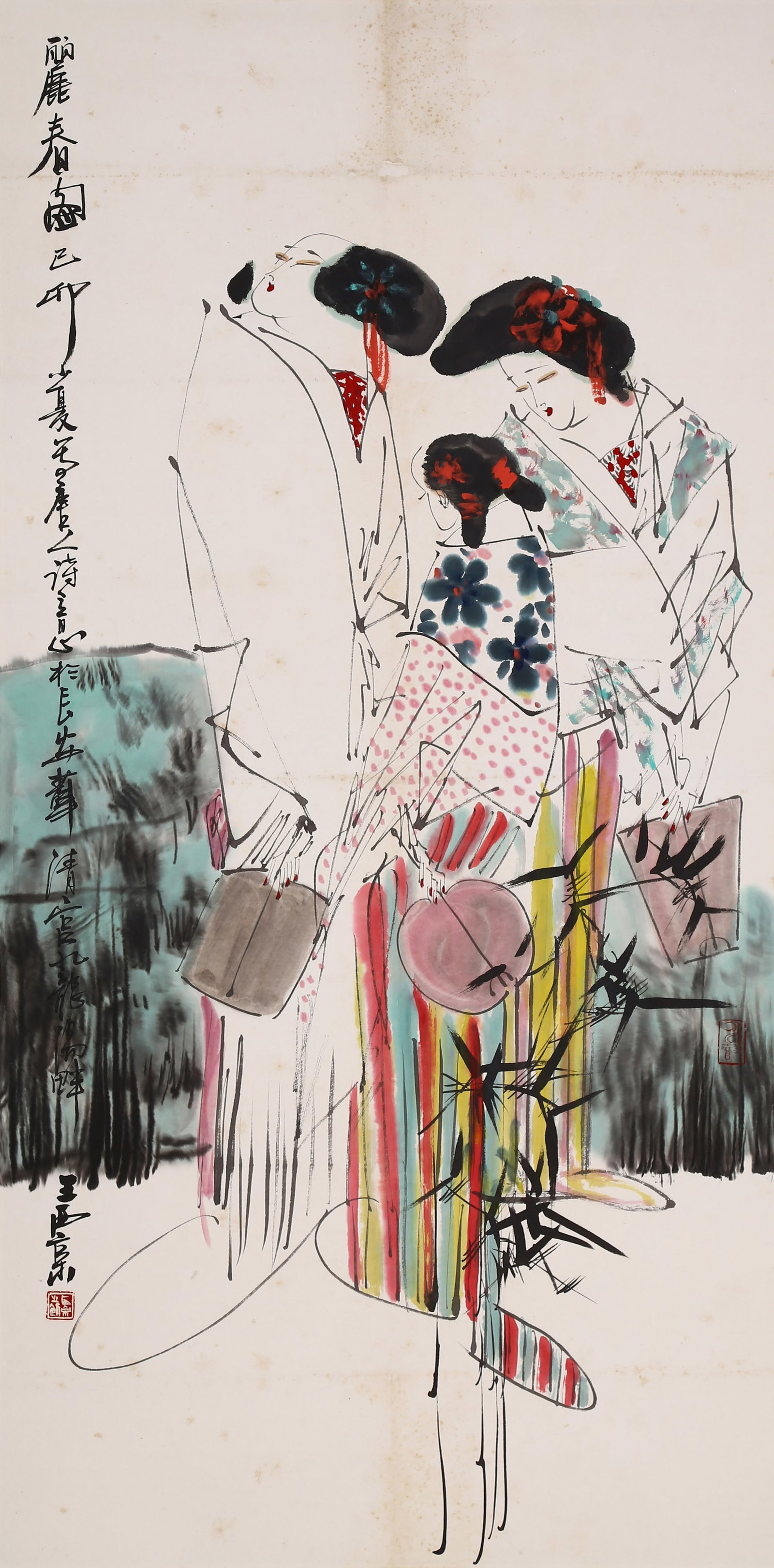 WANG XIJING, ATTRIBUTED TO, BEAUTIES IN SPRING, MOUNTED FOR FRAMING: Attributed to Wang Xijing, beauties in spring. On paper, mounted for framing. 136 x 67 cm.