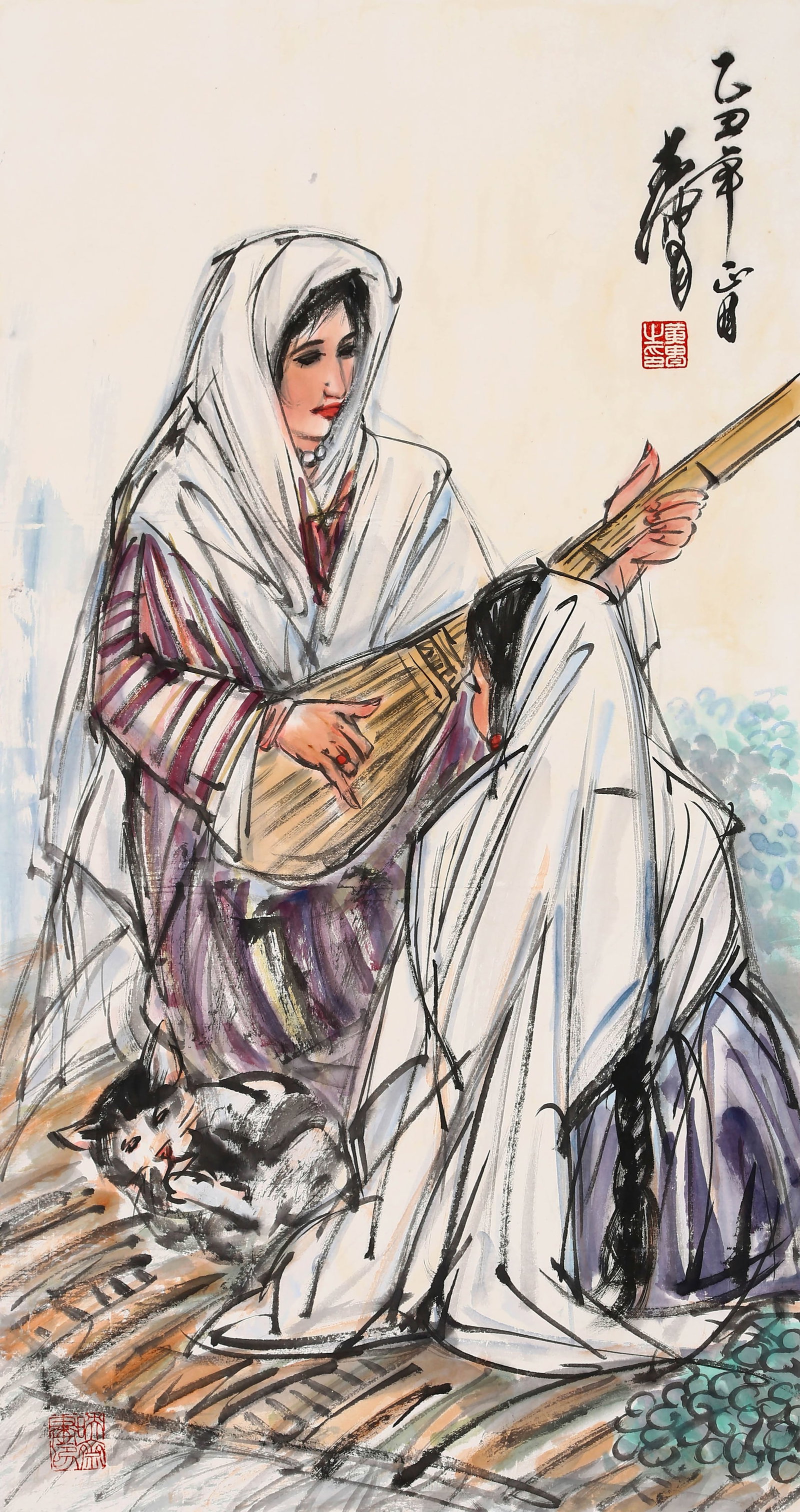 HUANG ZHOU, ATTRIBUTED TO, WOMAN PLAYING THE PIPA, MOUNTED FOR FRAMING: Attributed to Huang Zhou, woman playing the pipa. On paper, mounted for framing. 99 x 53 cm.