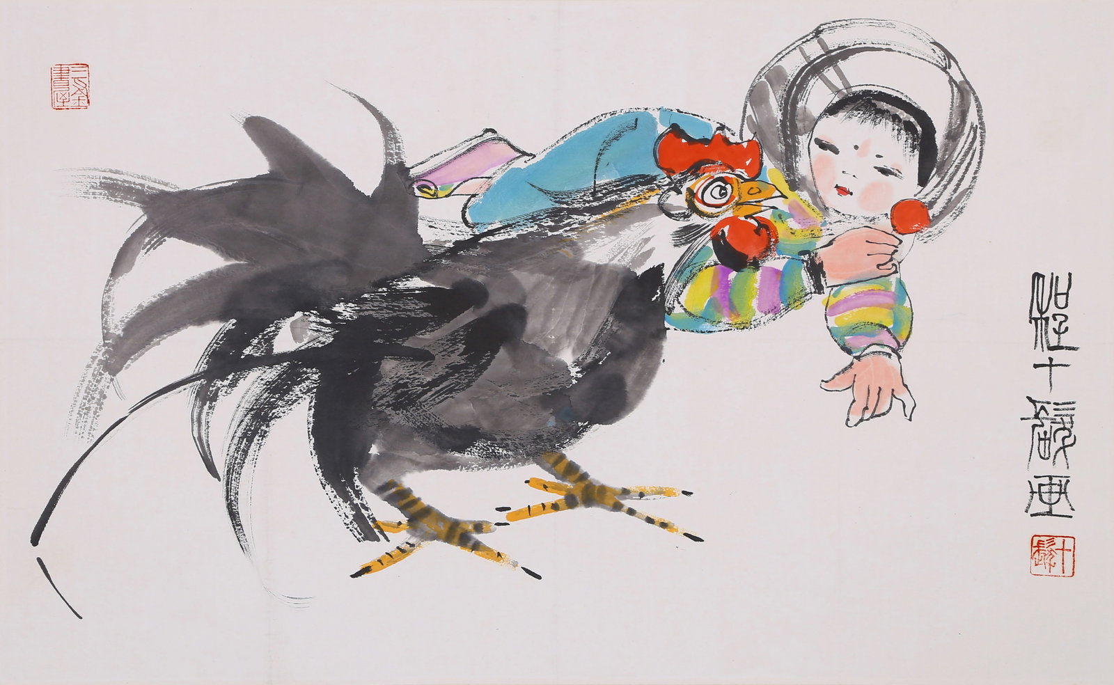 CHENG SHIFA, ATTRIBUTED TO, CHILD AND ROOSTER, MOUNTED FOR FRAMING