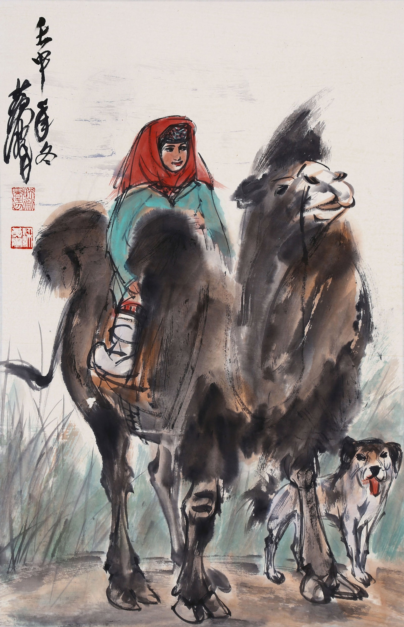 HUANG ZHOU, ATTRIBUTED TO, RIDER ON A CAMEL WITH A DOG, MOUNTED FOR FRAMING: Attributed to Huang Zhou, rider on a camel with a dog. On paper, mounted for framing. 69 x 45 cm.