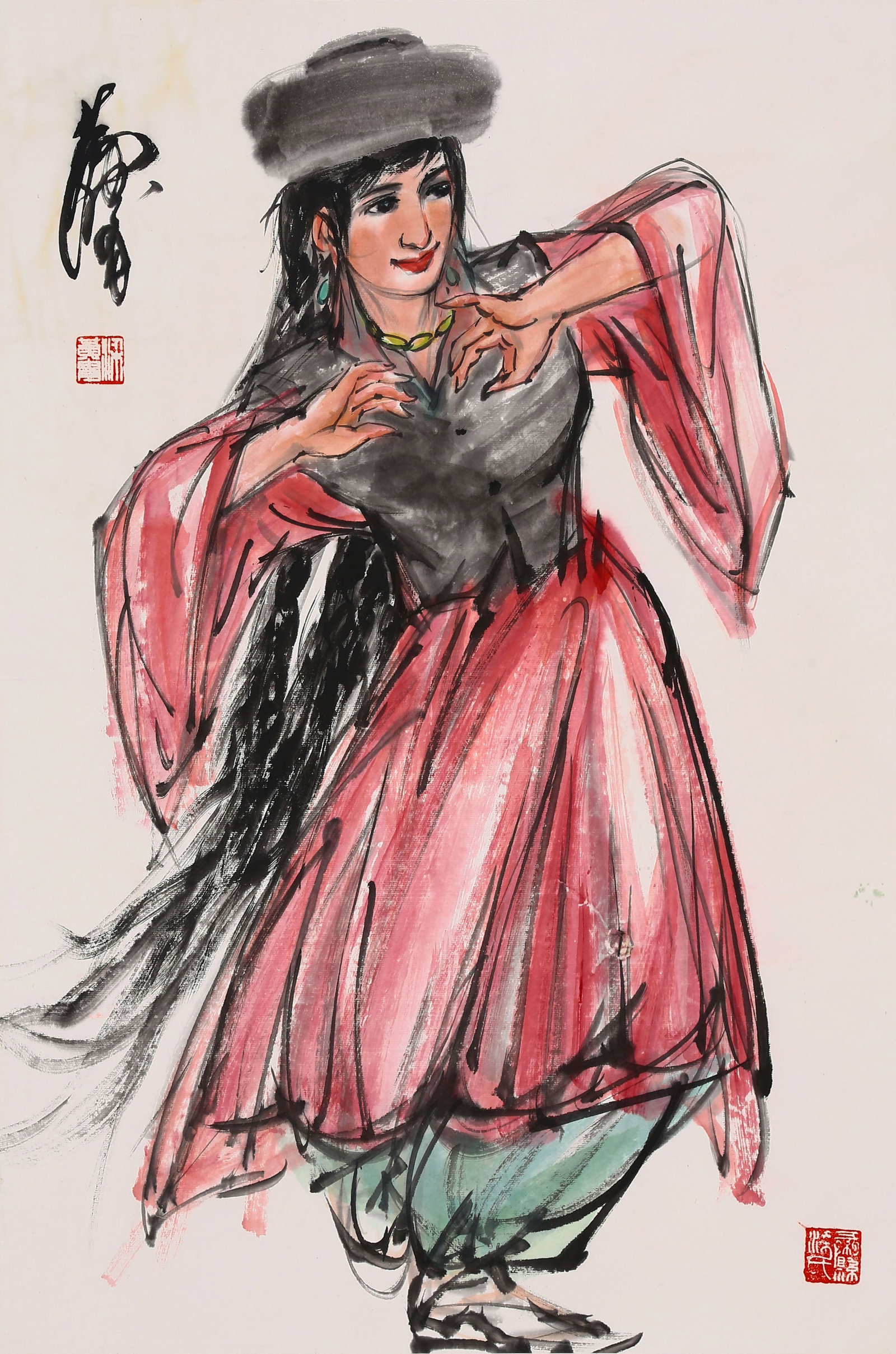 HUANG ZHOU, ATTRIBUTED TO, TAJIK DANCE, MOUNTED FOR FRAMING: Attributed to Huang Zhou, Tajik dance. On paper, mounted for framing. 68 x 45 cm.