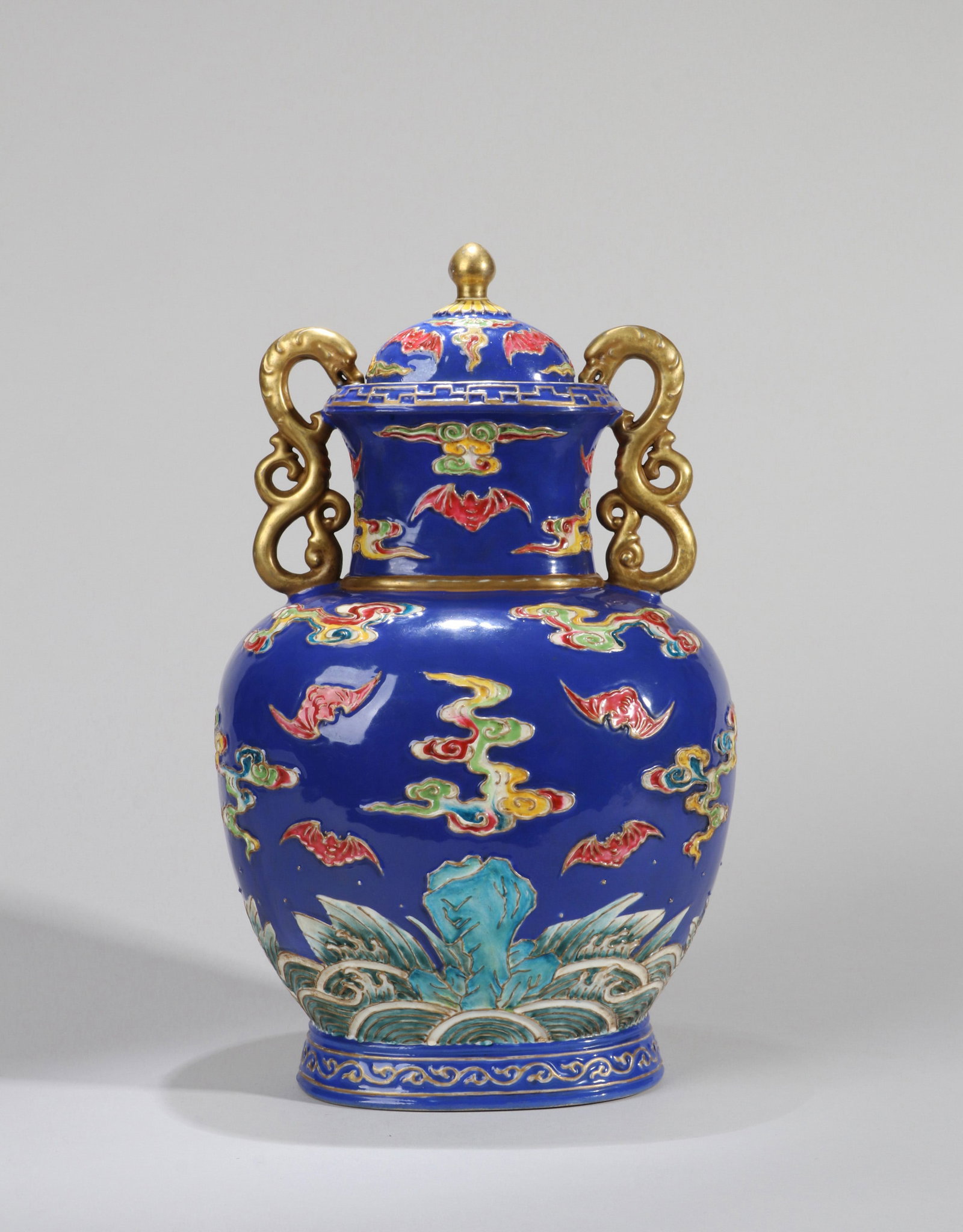 AN ENAMELED PORCELAIN VASE WITH DRAGON HANDLES AND AUSPICIOUS MOTIFS (1 of 9)