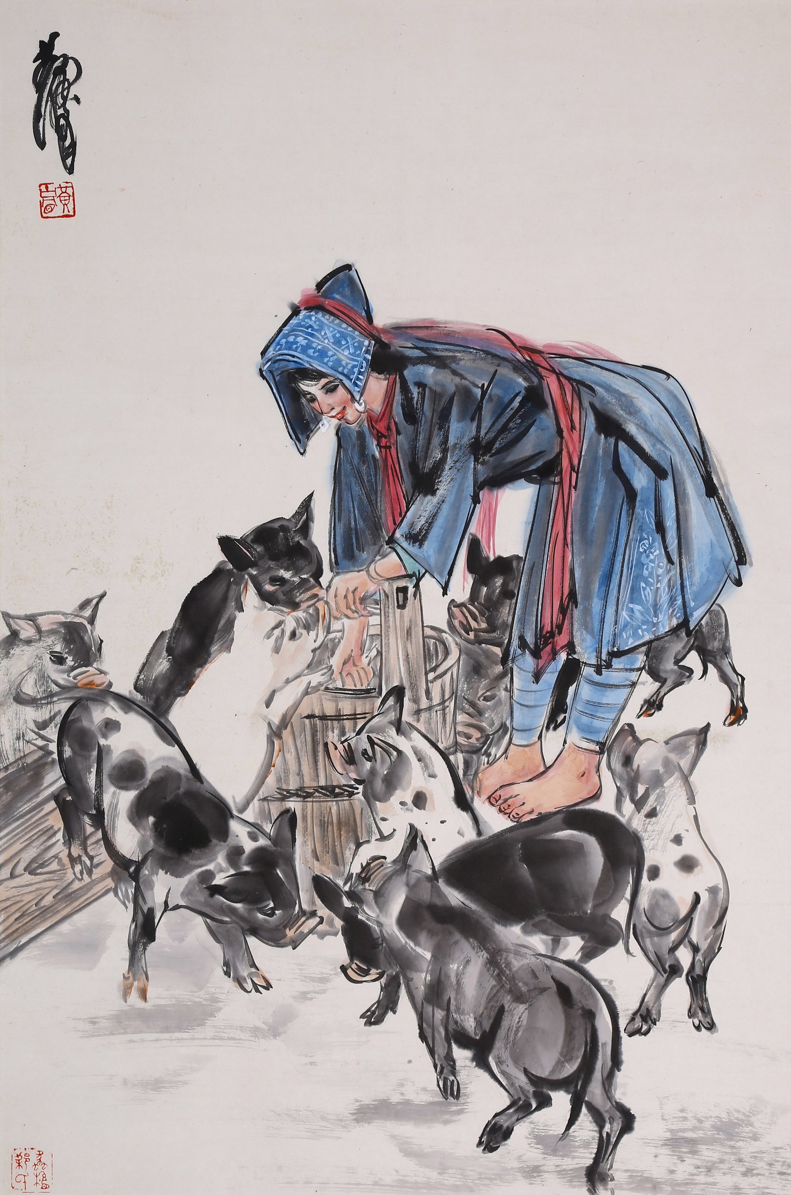 HUANG ZHOU, ATTRIBUTED TO, FEEDING PIGS, MOUNTED FOR FRAMING (1 of 9)
