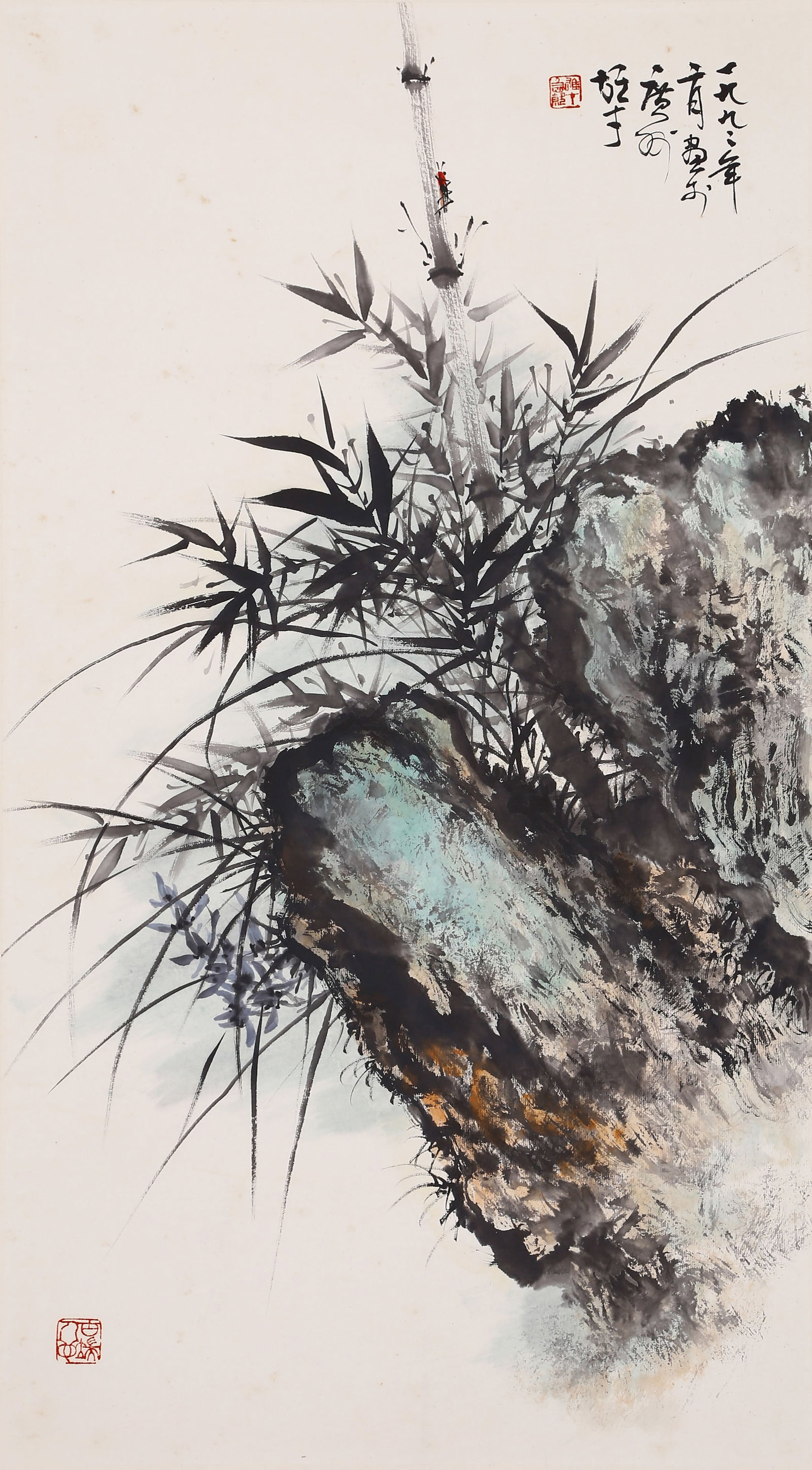 LI XIONGCAI, ATTRIBUTED TO, BAMBOO AND ROCK WITH AN INSECT, MOUNTED FOR FRAMING