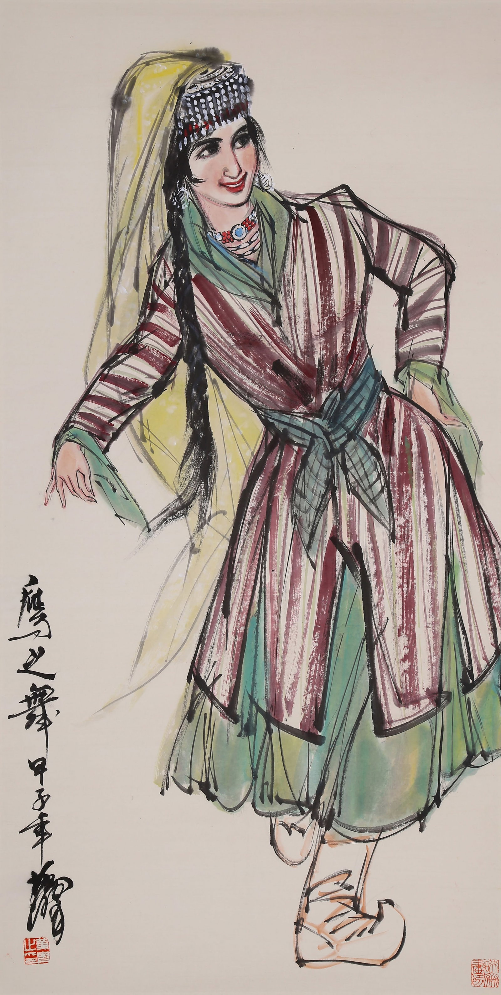 HUANG ZHOU, ATTRIBUTED TO, DANCER, MOUNTED FOR FRAMING: Attributed to Huang Zhou, dancer. On paper, mounted for framing. 130 x 67 cm.
