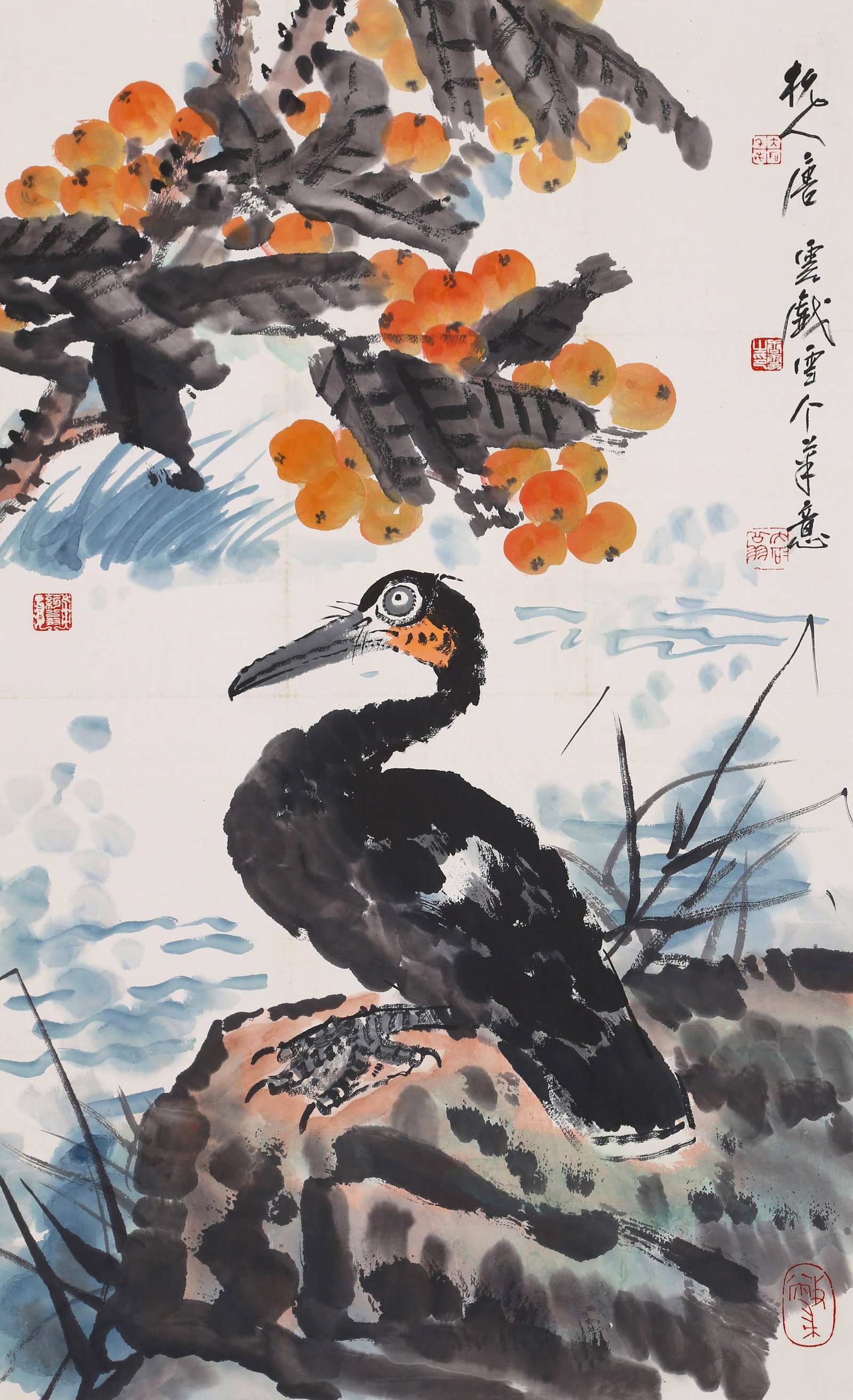 TANG YUN, ATTRIBUTED TO, CORMORANT AND LOQUATS, MOUNTED FOR FRAMING